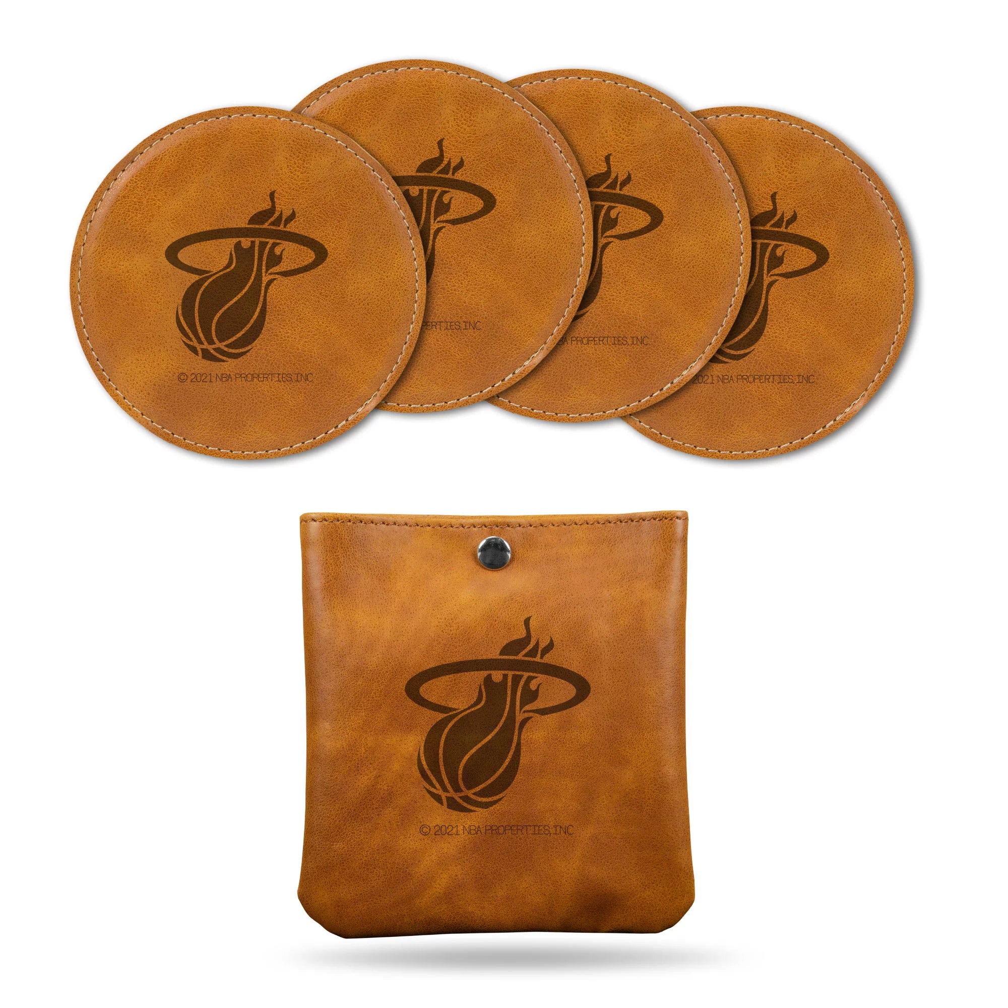 Rico Industries Basketball Miami Heat Brown Faux Leather Laser Engraved 4-Pack Coaster Set with Pouch - Great Beverage Accessory for Game Day