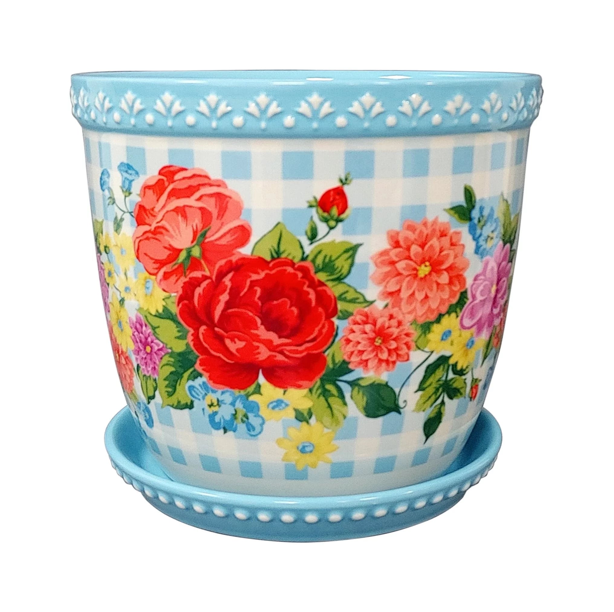 The Pioneer Woman Sweet Rose Gingham Planter, 8 inch, Stoneware