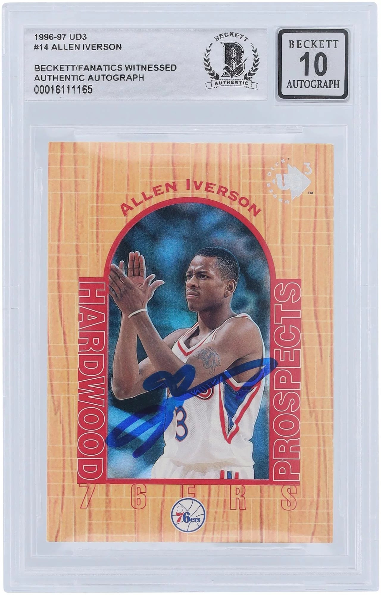 Allen Iverson Philadelphia 76ers Autographed 1996-97 Upper Deck UD3 Hardwood Prospects #14 Beckett Fanatics Witnessed Authenticated 10 Rookie Card - Fanatics Authentic Certified
