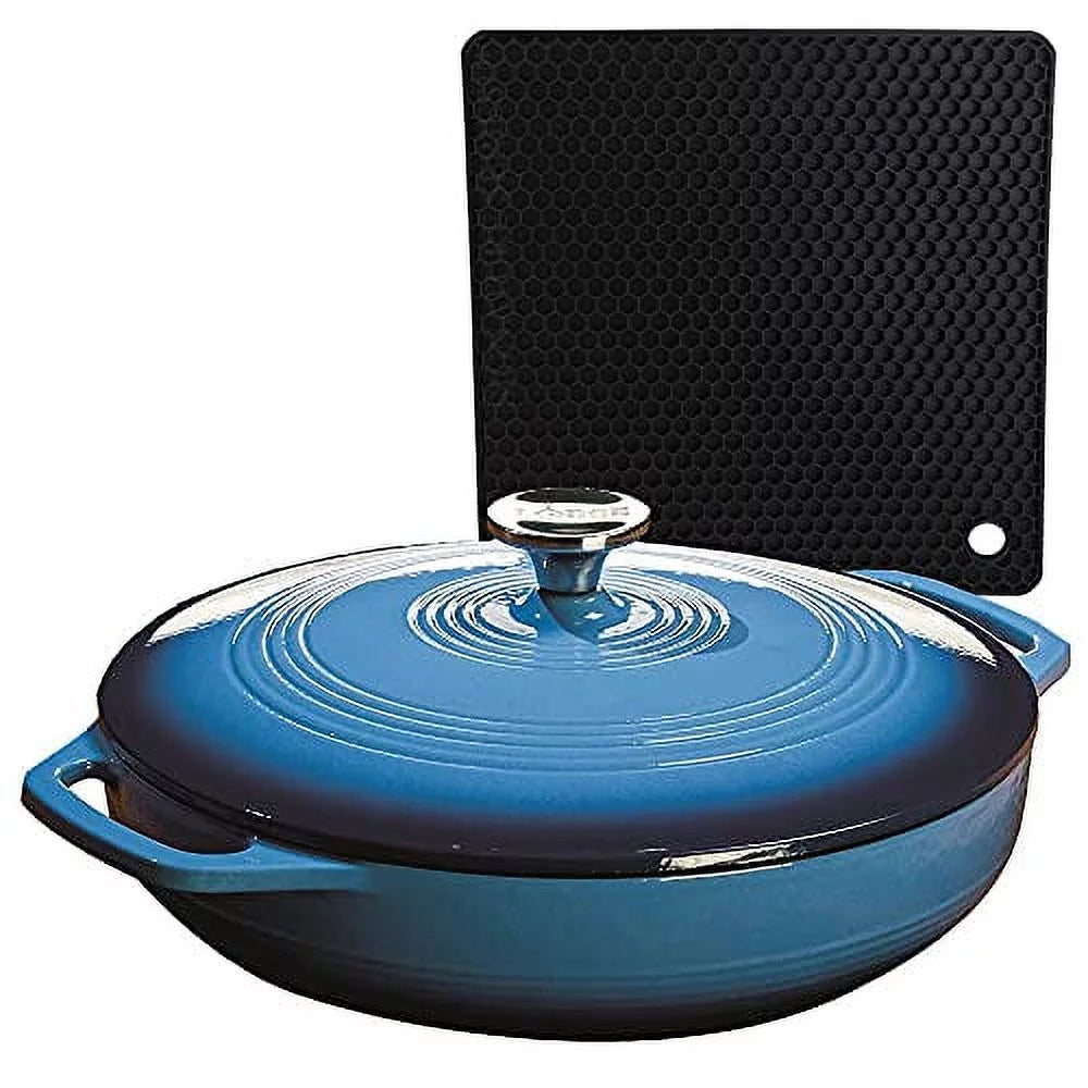 Lodge Blue Enameled Dual Handles Cast Iron 3.6qt Casserole with Lid and Signature Series Heat Resistant Silicon Pot Holder Trivet Mat