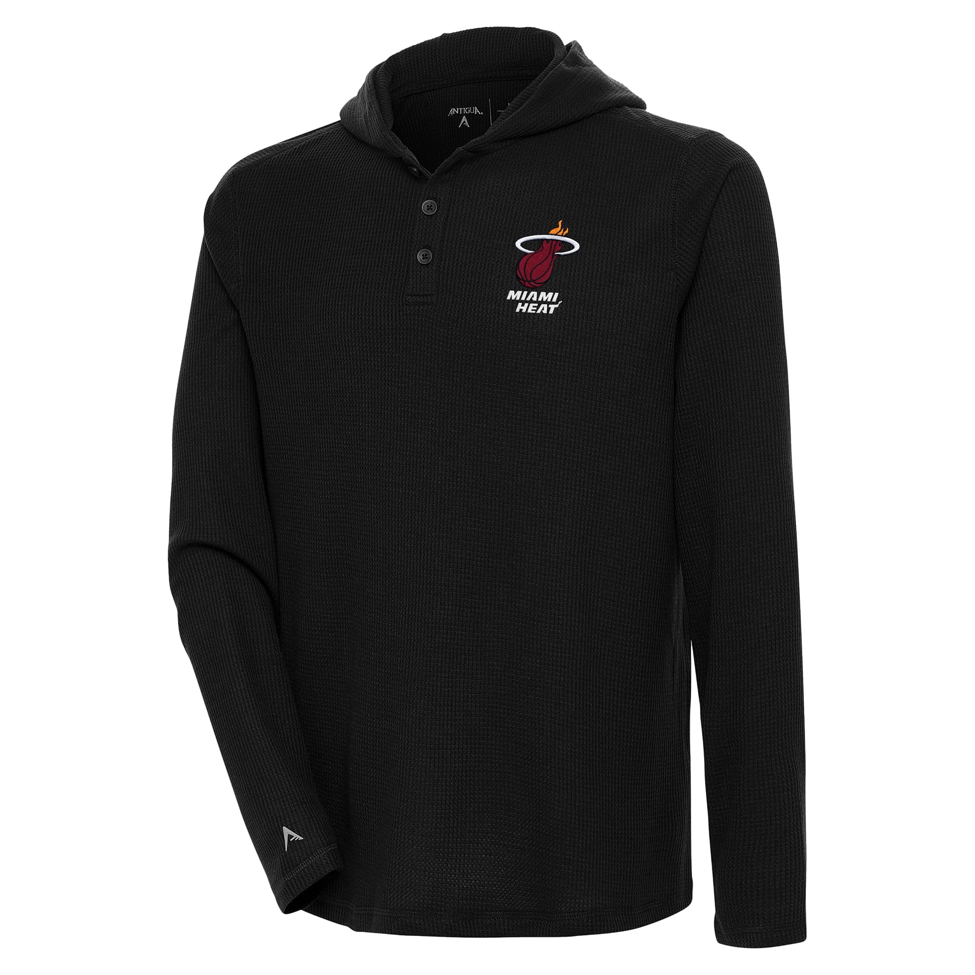 Men's Antigua  Black Miami Heat Strong Hold Long Sleeve Henley Hoodie T-Shirt