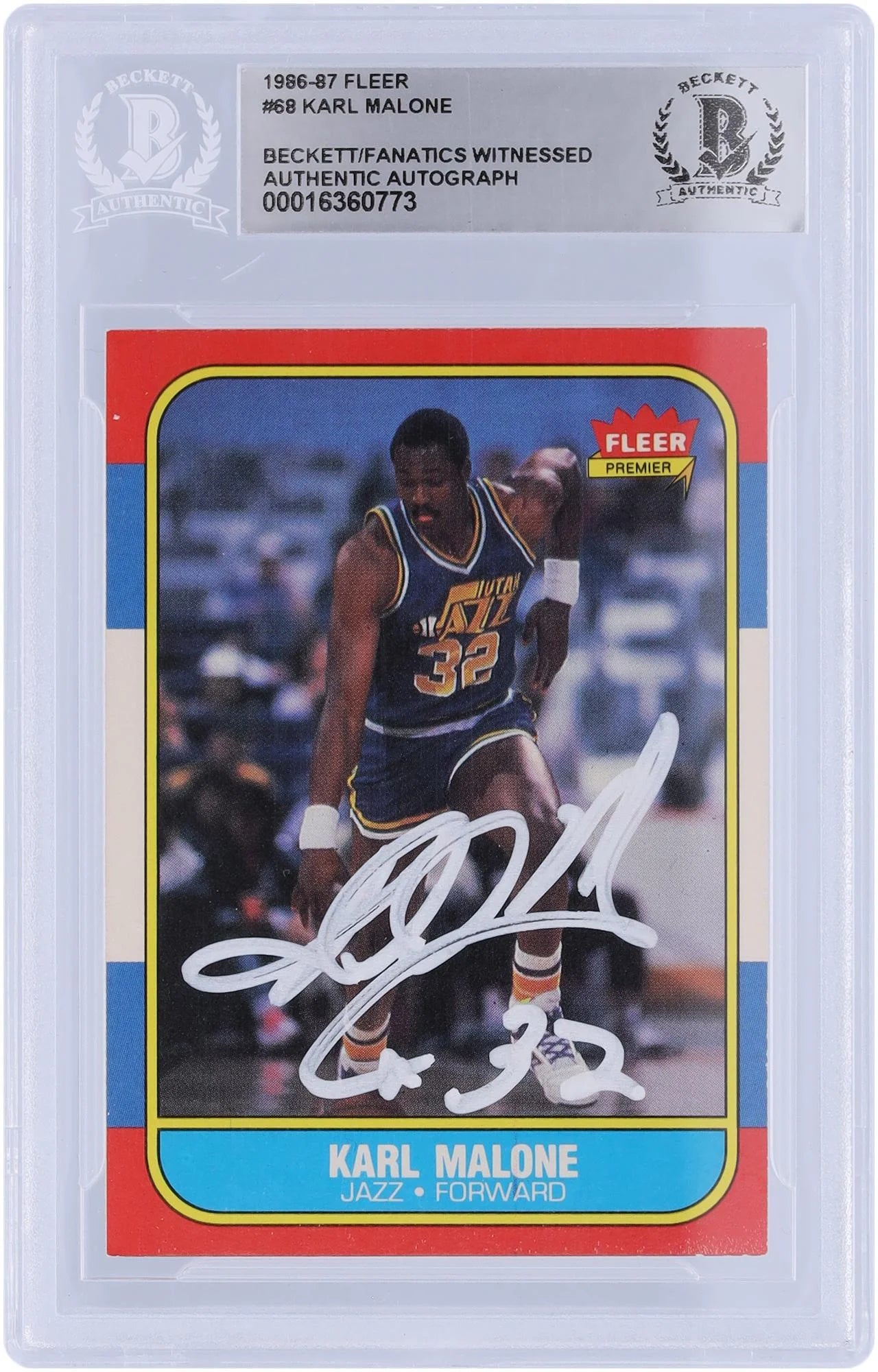 Karl Malone Utah Jazz Autographed 1986-87 Fleer White Ink #68 Beckett Fanatics Witnessed Authenticated Rookie Card - Fanatics Authentic Certified
