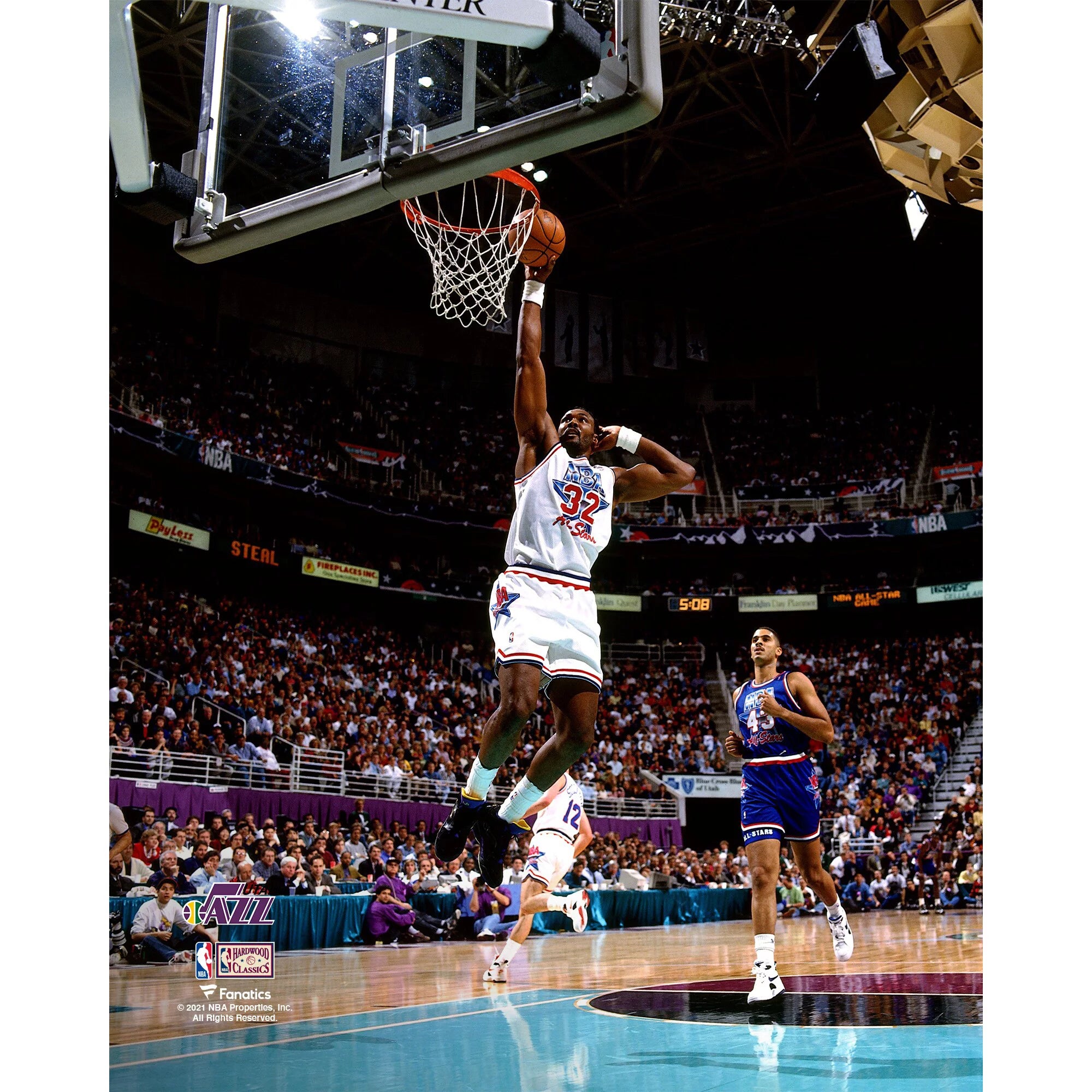 Karl Malone Unsigned Utah Jazz Hardwood Classics Signature Dunk During 1993 All-Star Game Photograph