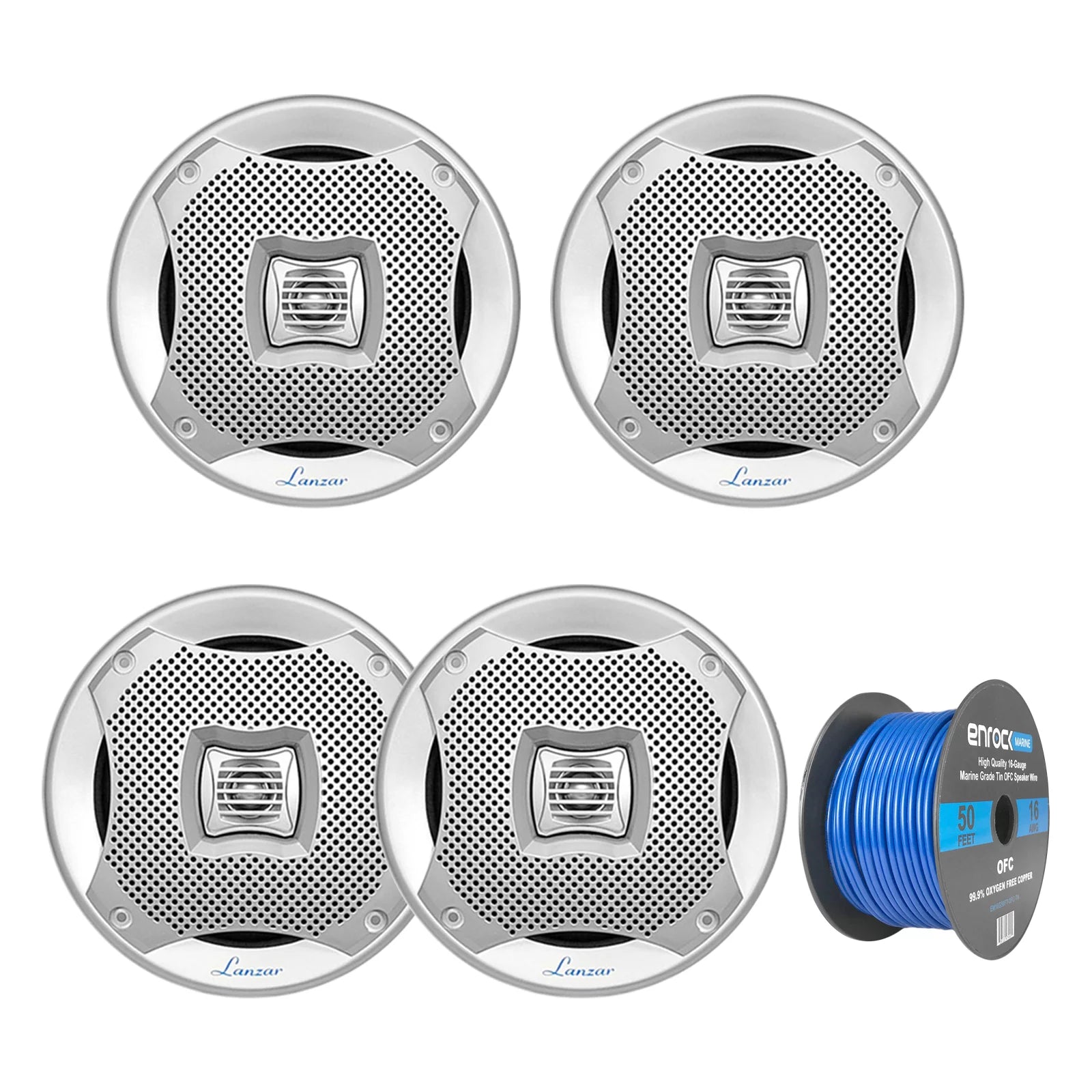 4x Lanzar AQ5CXS 5.25 Marine Water Resistant 2 Way 400 Watt Silver Speakers, Enrock 16 Gauge 50Ft Marine Boat Yacht Speaker Wire