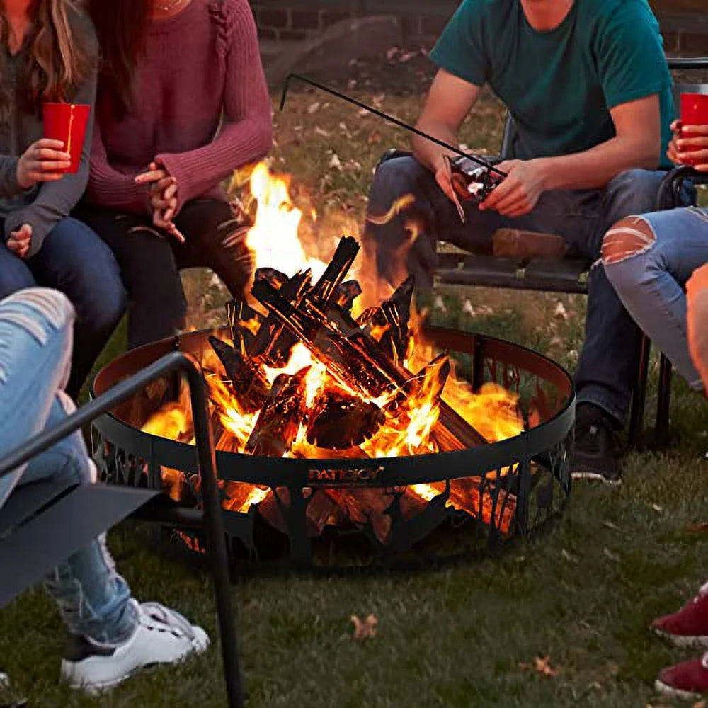 DORTALA 36¡¯¡¯ Metal Fire Pit Ring, Thick Metal Deer Fire Ring with Extra Poker,Wood Burning Campfire Ring with Pattern, Heavy Duty Round Bonfire Liner for Camping Beach Backyard