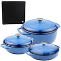 Lodge 3-Piece Enameled Cast Iron Dutch Oven and Covered Casserole Dish Cookware Set with Dual Handles, Blue - Includes 3qt, 6qt Dutch Ovens and 3.6qt Casserole Pan with Signature Series Trivet
