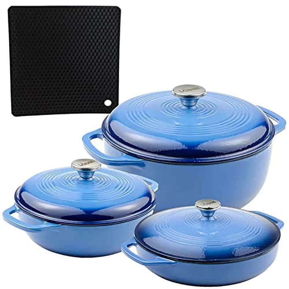 Lodge 3-Piece Enameled Cast Iron Dutch Oven and Covered Casserole Dish Cookware Set with Dual Handles, Blue - Includes 3qt, 6qt Dutch Ovens and 3.6qt Casserole Pan with Signature Series Trivet