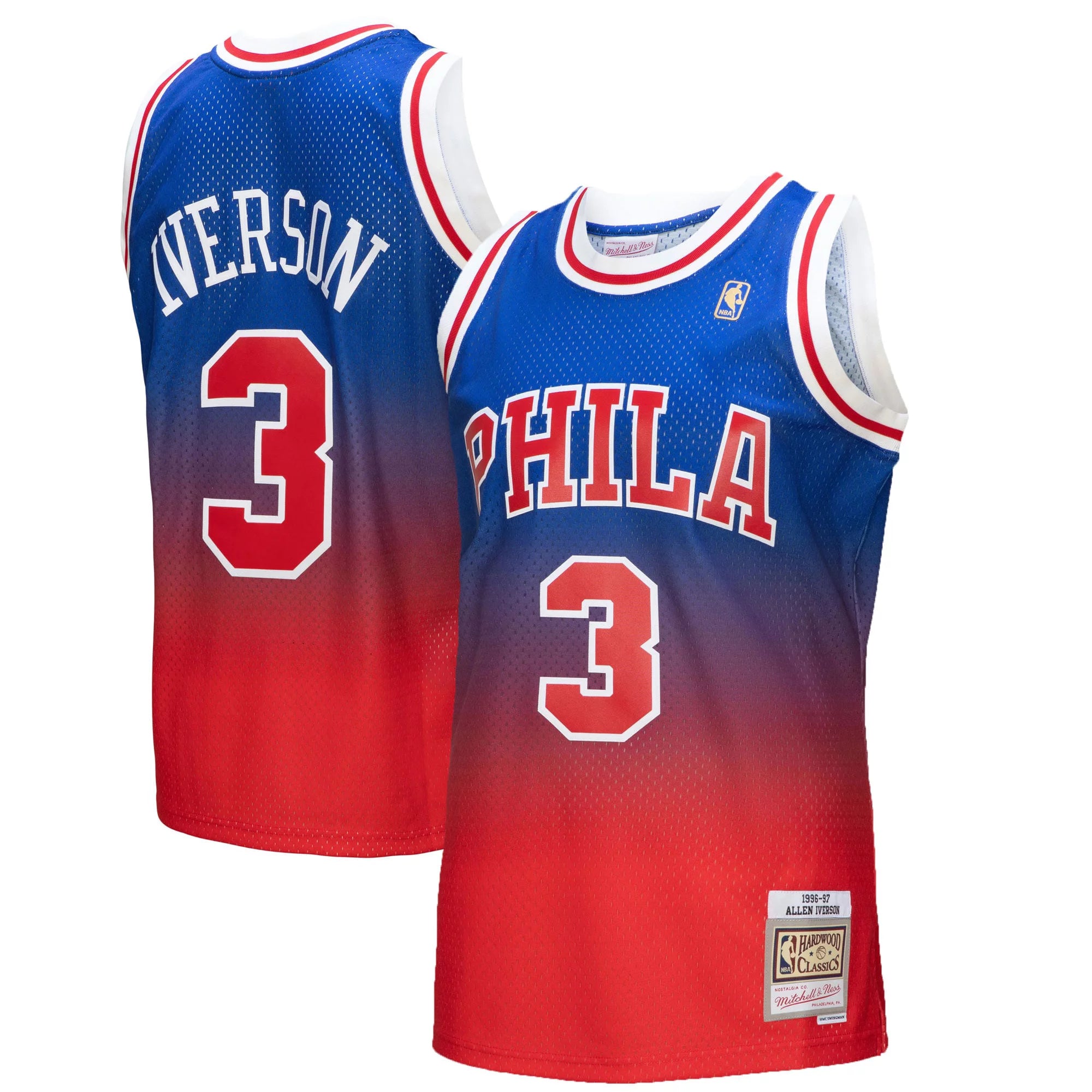 Men's Mitchell & Ness Allen Iverson Red/Royal Philadelphia 76ers 1996/97 Hardwood Classics Fadeaway Swingman Player