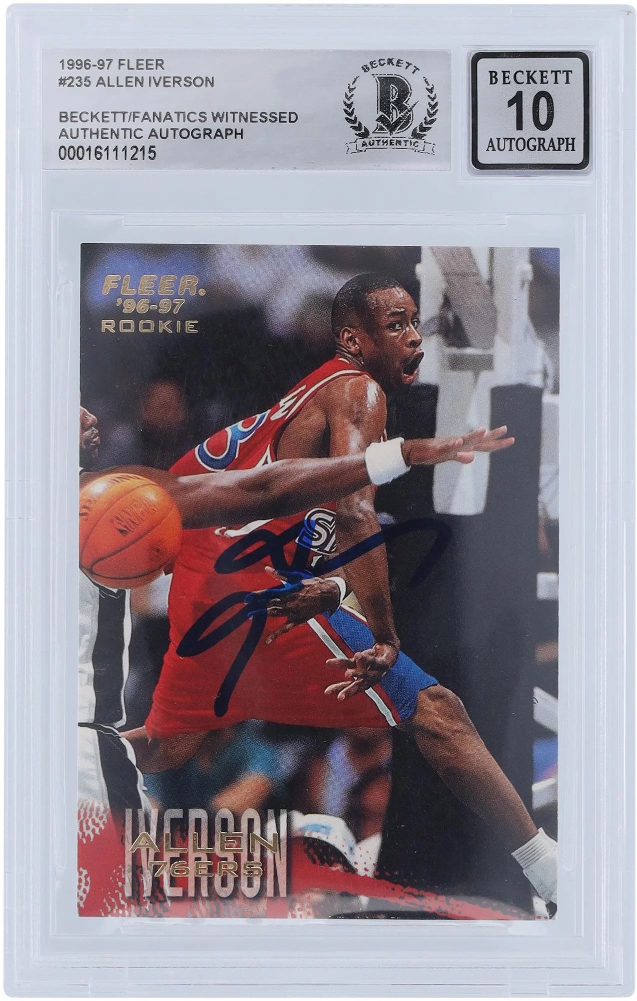 Allen Iverson Philadelphia 76ers Autographed 1996-97 Fleer #235 Beckett Fanatics Witnessed Authenticated 10 Rookie Card - Fanatics Authentic Certified