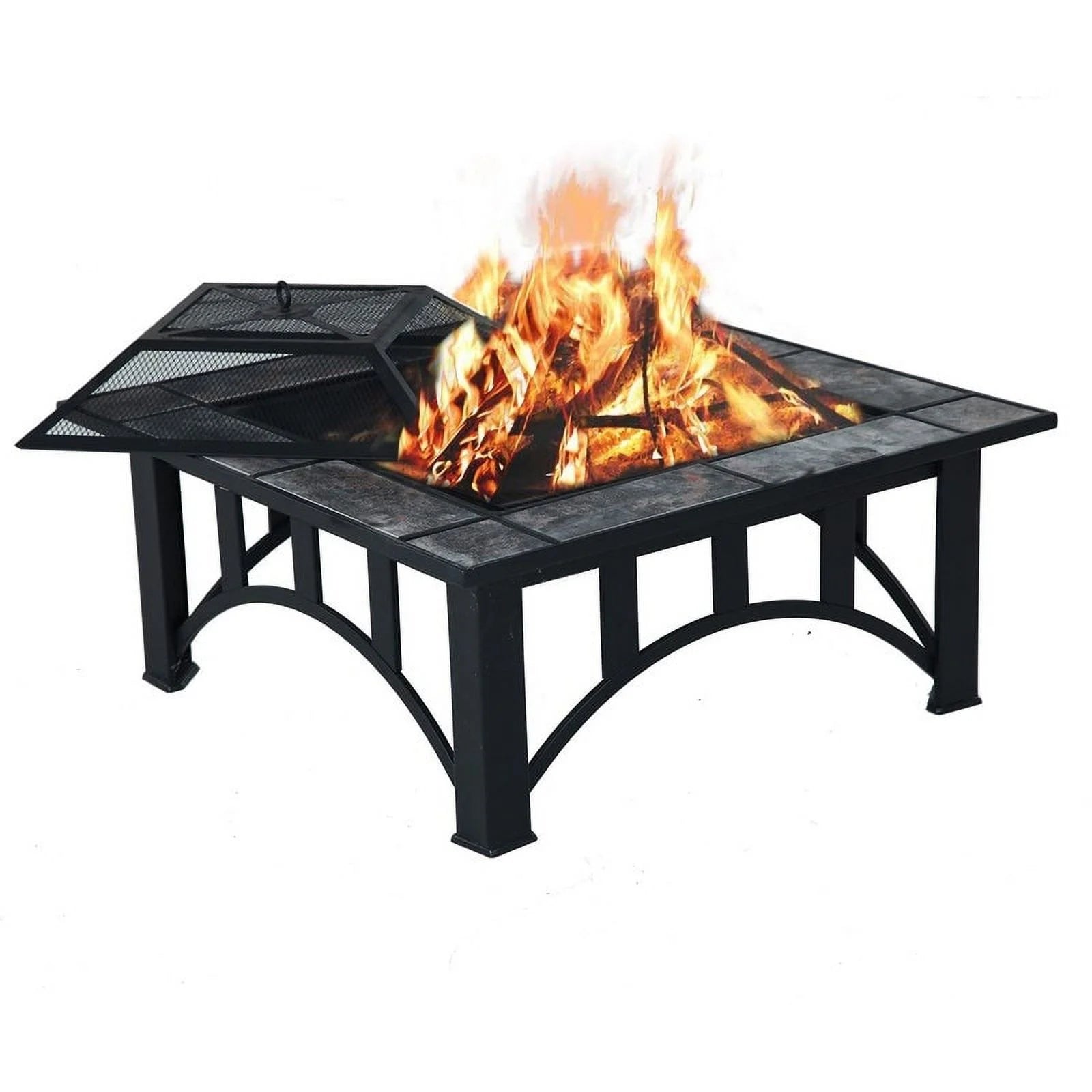 32 Fire Pit Square Wood Burning Outdoor Firepit Includes Steel Fire Poker and Cover, for Outdoor Heating, Black Black