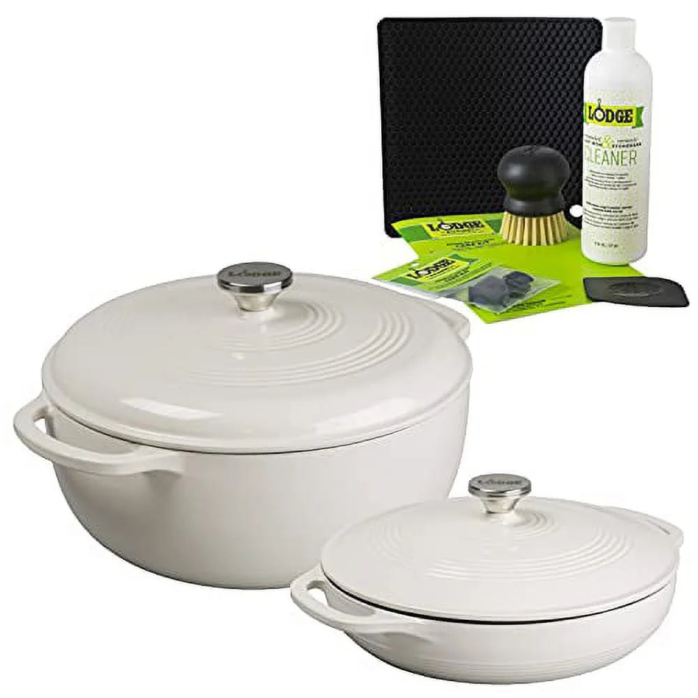 Lodge 2-Piece Enameled Cast Iron Dutch Oven and Casserole Cookware Set with Dual Handles, Oyster - Includes 6qt Dutch Oven, 3.6qt Casserole Casserole, Care Kit and Signature Series Trivet