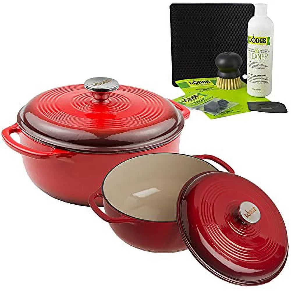Lodge 2-Piece Enameled Cast Iron Dutch Oven Cookware Set with Dual Handles and Lids, Red - Includes 6qt, 7.5qt Dutch Ovens with Enameled Cast Iron Care Kit and Signature Series Trivet