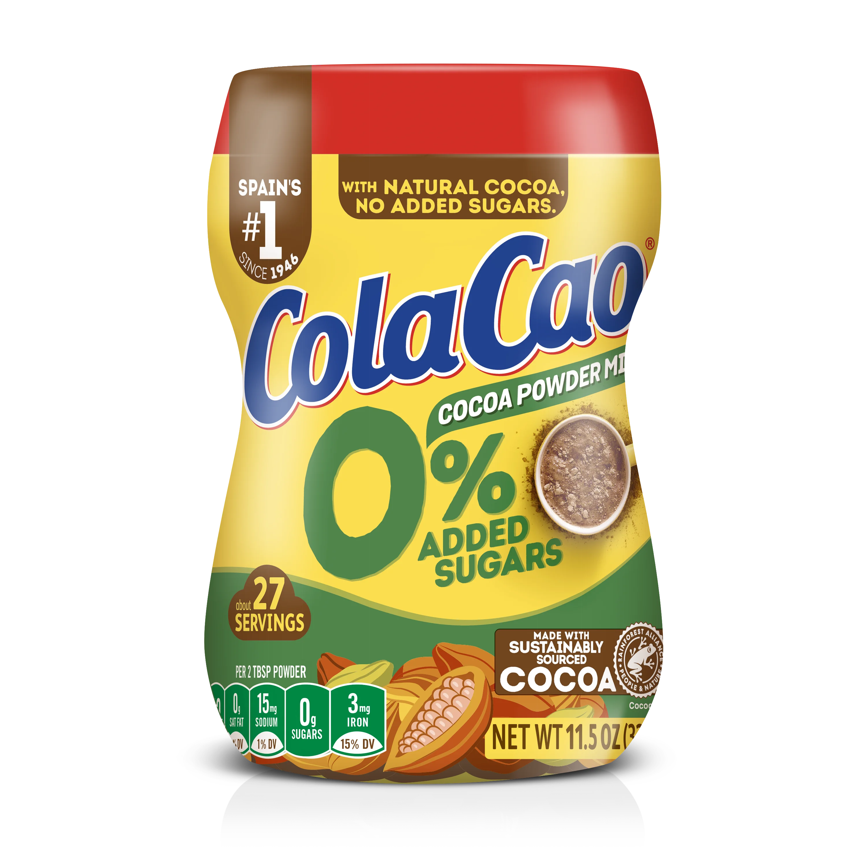Cola Cao Cocoa Powder Mix 0% Add Sugars 11.5oz (325g). Just mix with milk and drink, cold or hot.  About 27 servings per container. Made with Natural Cocoa and Sustainably Sourced Cocoa.