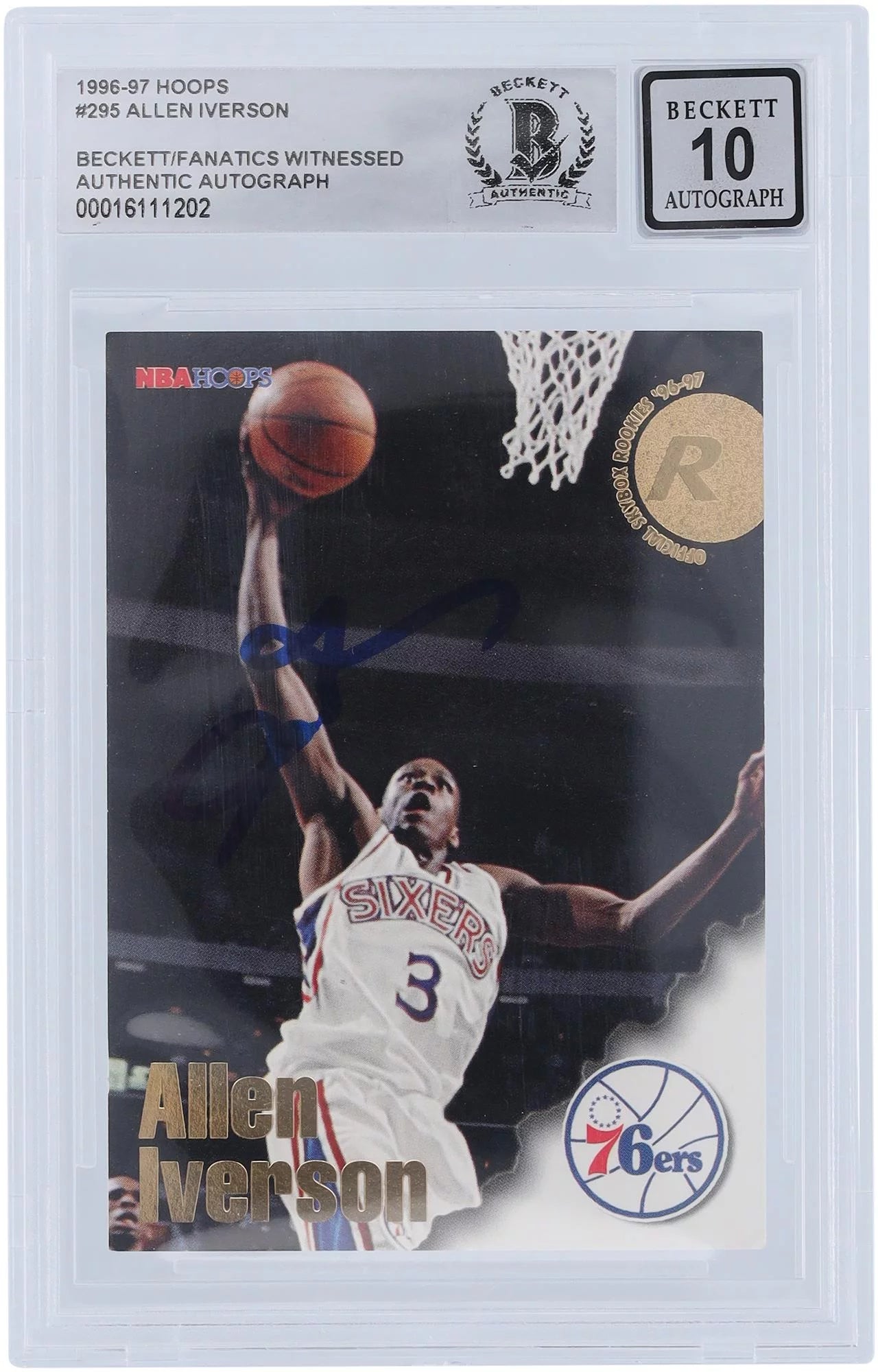 Allen Iverson Philadelphia 76ers Autographed 1996-97 Hoops #295 Beckett Fanatics Witnessed Authenticated 10 Rookie Card - Fanatics Authentic Certified
