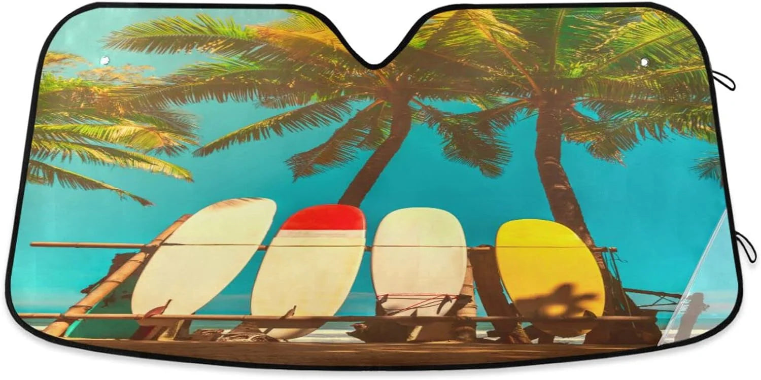 Wellsay Surfboard and Palm Tree on Beach Car Windshield Sun Shade,oldable Visor Protector Keep Cool Sunshade Blocks UV Rays and Accessories to Protect for Cars,SUVs,Trucks-55¡Á27.6in