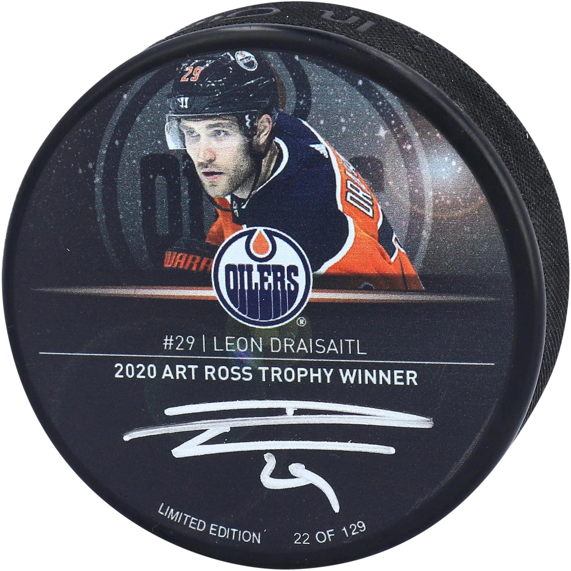 Leon Draisaitl Edmonton Oilers Autographed 2020 Art Ross Logo Hockey Puck - Limited Edition of 129 - Fanatics Authentic Certified