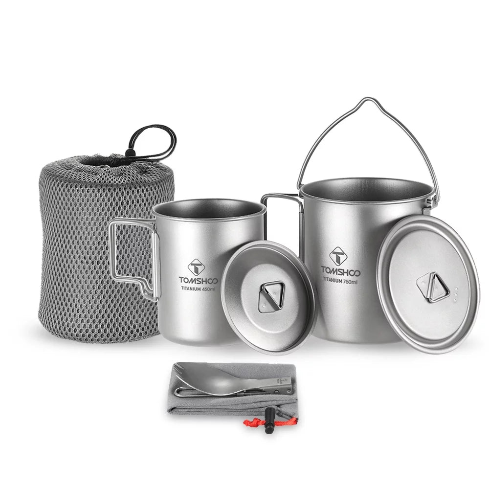 Suzicca Lightweight  3 Pieces Set  750ml Pot 450ml Water Cup Mug with Lid Collapsible Handle Folding Spork for  Camping Hiking Backpacking