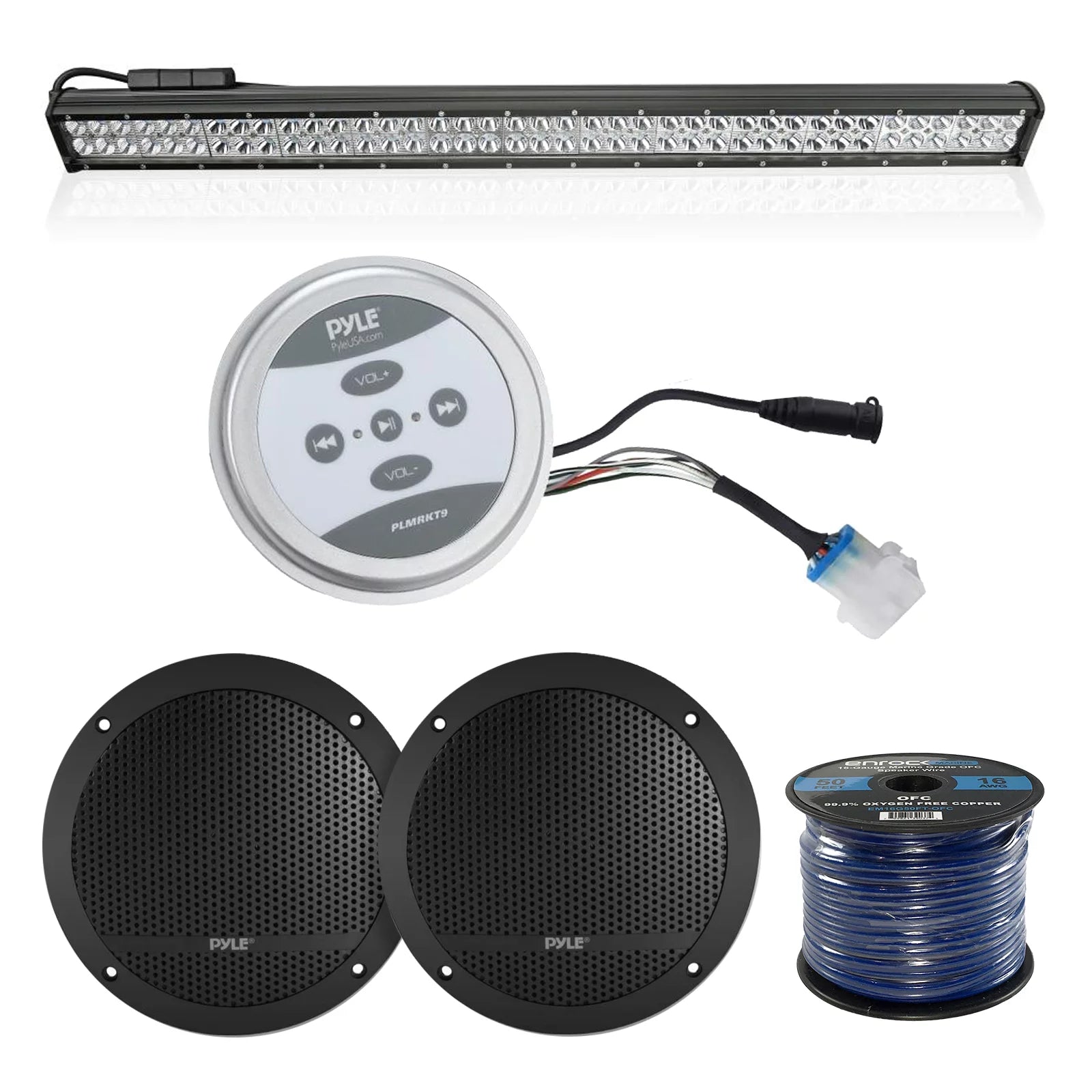 Universal Mount Bluetooth 6.5 Speakers & 240 Watt Amplifier System - Black, Pyle LED Light Bar - Water Resistant Flood Light Strip (234 Watt, 36''), 50 Foot 16-Gauge Tinned Speaker Wire