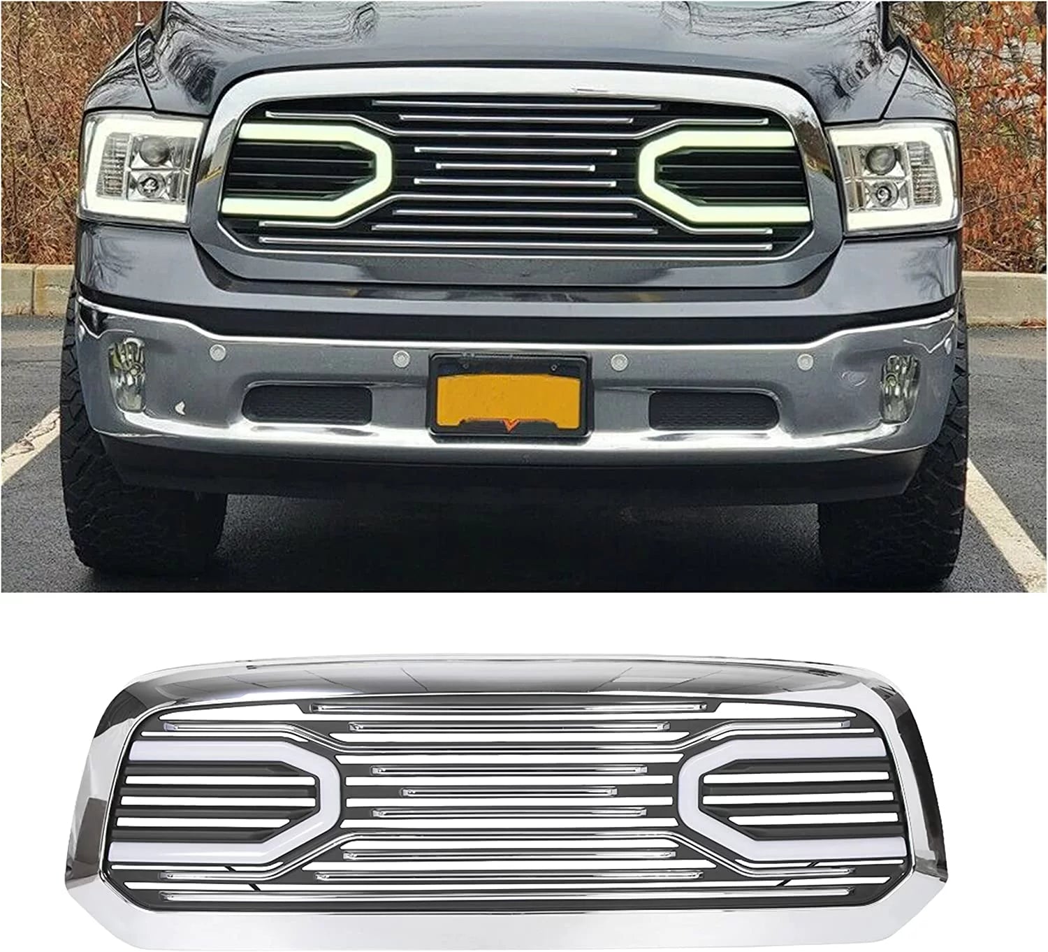 Kojem Chrome Front Bumper Hood Big Horn Grille Replacement Shell Grill for 2006 2007 2008 2009 Dodge RAM 1500 2500 3500