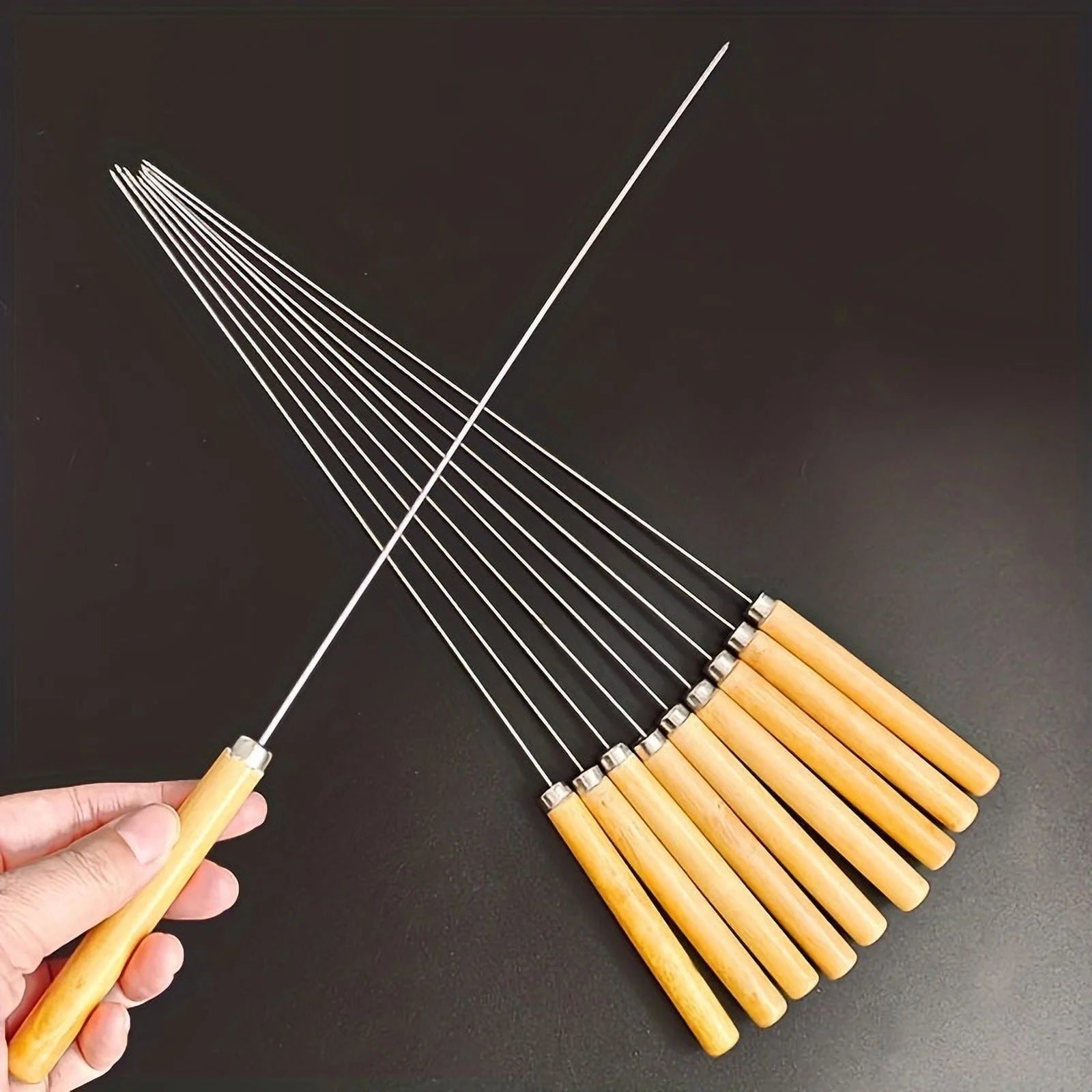 Multiuse 20pcs Stainless Steel BBQ Skewers: Comfortable Wooden Handles for Safe Cooking, Ideal Outdoor Essentials