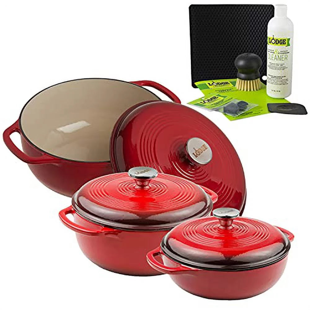 Lodge 3-Piece Enameled Cast Iron Dutch Oven Cookware Set with Dual Handles and Lids, Red - Includes 3qt, 4.5qt, 6qt Dutch Ovens with Enameled Cast Iron Care Kit and Signature Series Trivet