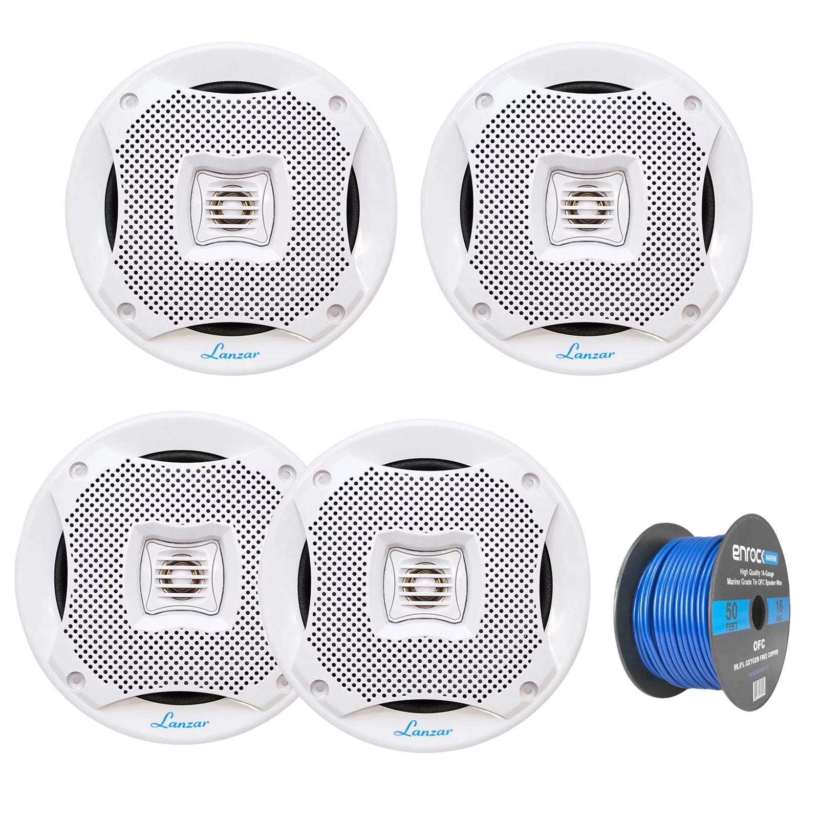 4x Lanzar AQ5CXW 5.25 Marine Water Resistant 2 Way 400 Watt White Speakers, Enrock 16 Gauge 50Ft Marine Boat Yacht Speaker Wire