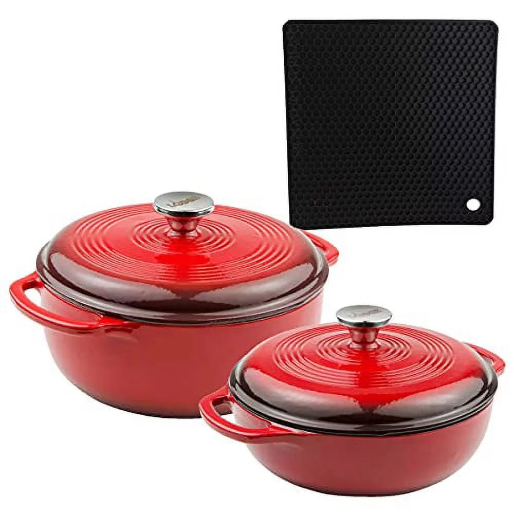 Lodge 2-Piece Enameled Cast Iron Dutch Oven Cookware Set with Dual Handles and Lids, Red - Includes 3qt, 4.5qt Dutch Ovens with Signature Series Trivet