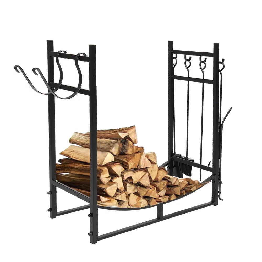 UBesGoo 36 Outdoor Firewood Rack Fireplace Metal Wood Pile Storage Stacker Organzier with 4 Tools Set, Black