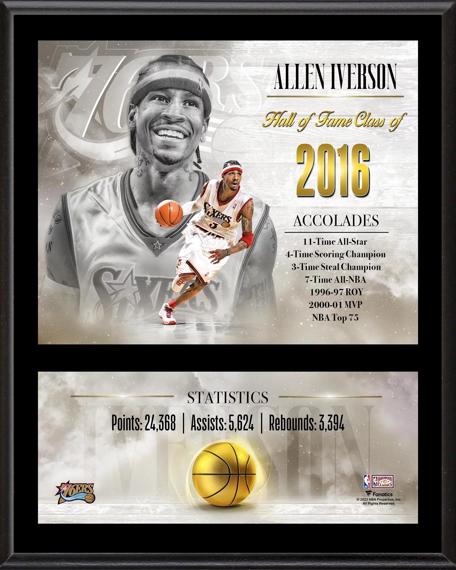 Allen Iverson Philadelphia 76ers 12 x 15 Hardwood Classic Sublimated Player Plaque