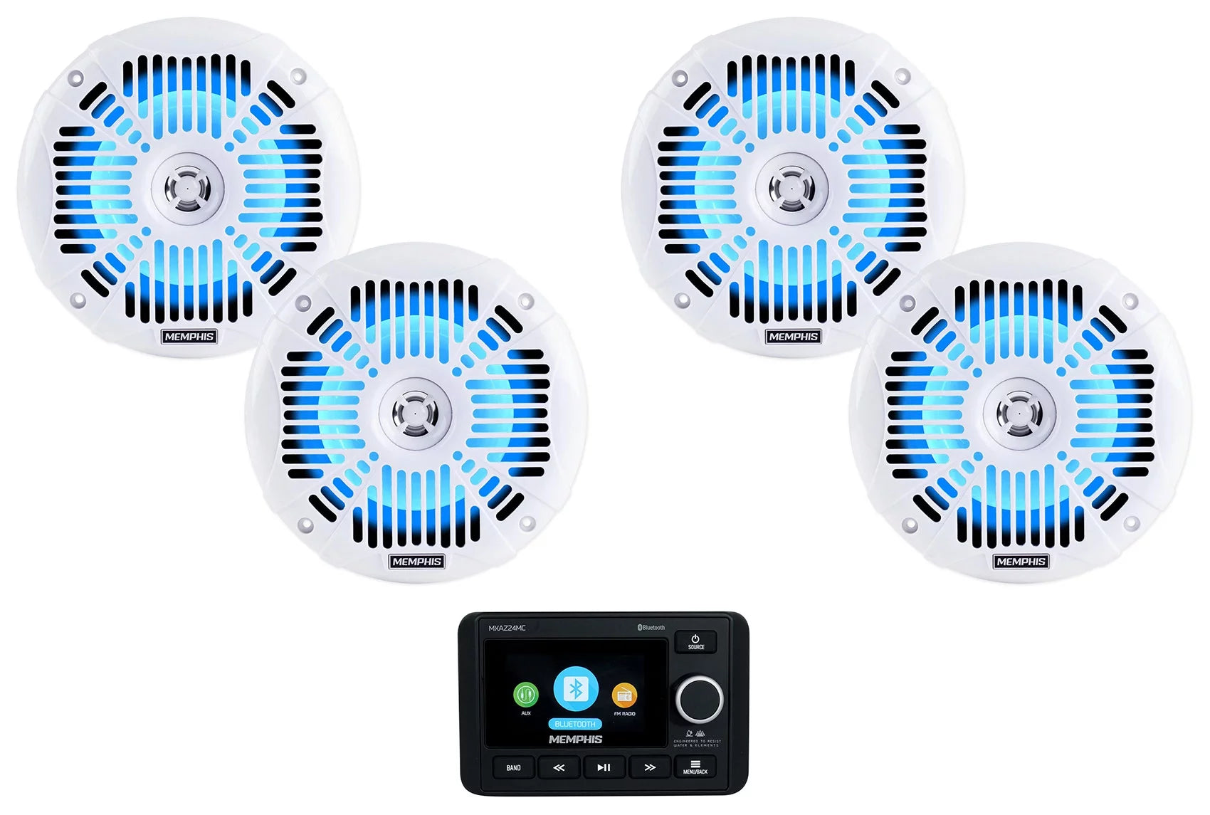 Memphis MXAZ24MC 2-Zone Marine Bluetooth Receiver+(4) Memphis 6.5 LED Speakers