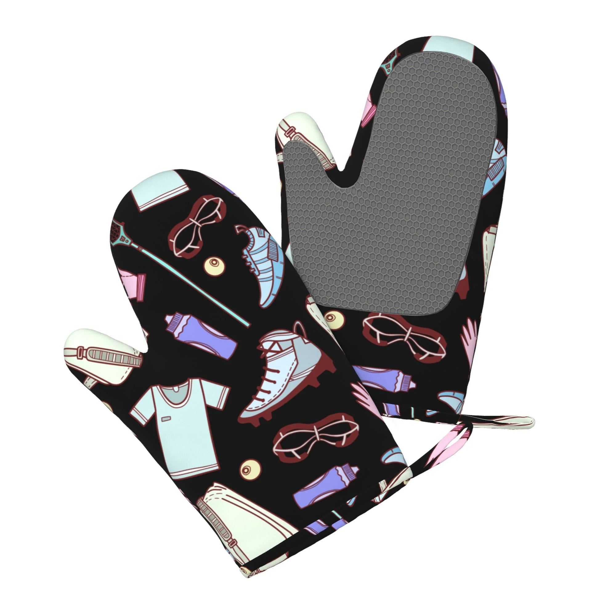 LAKIMCT Hand Drawn Lacrosse Silicone Oven Mitts Kitchen Mittens Cooking Oven Mits Set Baking Cooking BBQ Gloves Heat Resistant Oven Gloves, Sets of 2