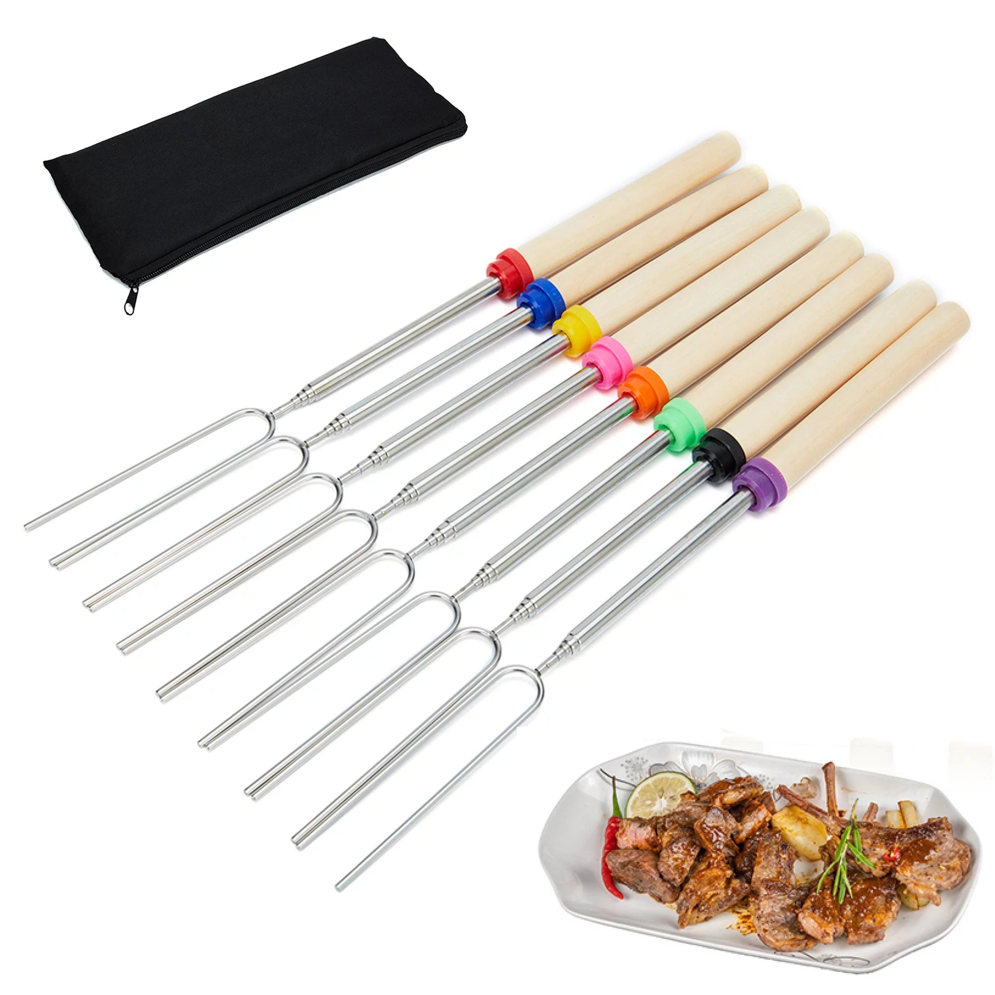 Telescoping BBQ Forks Marshmallow Roasting Sticks Smores Skewers Cookware Hot Dog Fork BBQ Grill Tool for Patio Fire Pit Camping