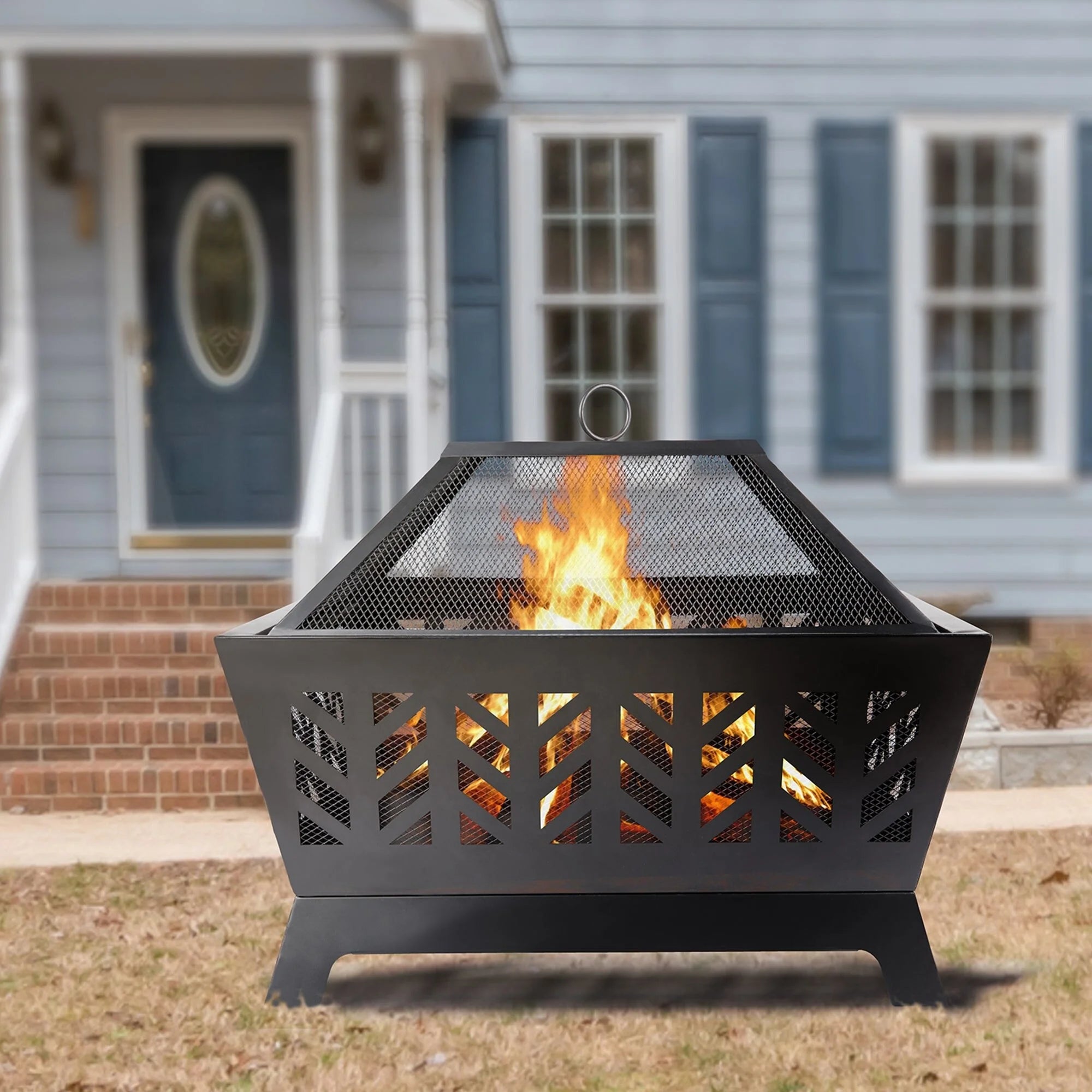 Square Iron Outdoor Fire Pit with Spark Screen