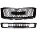 Kojem Black Center Front Bumper Upper Grille + Lower Grill Guards for 2007-2013 GMC Sierra 1500 Denali