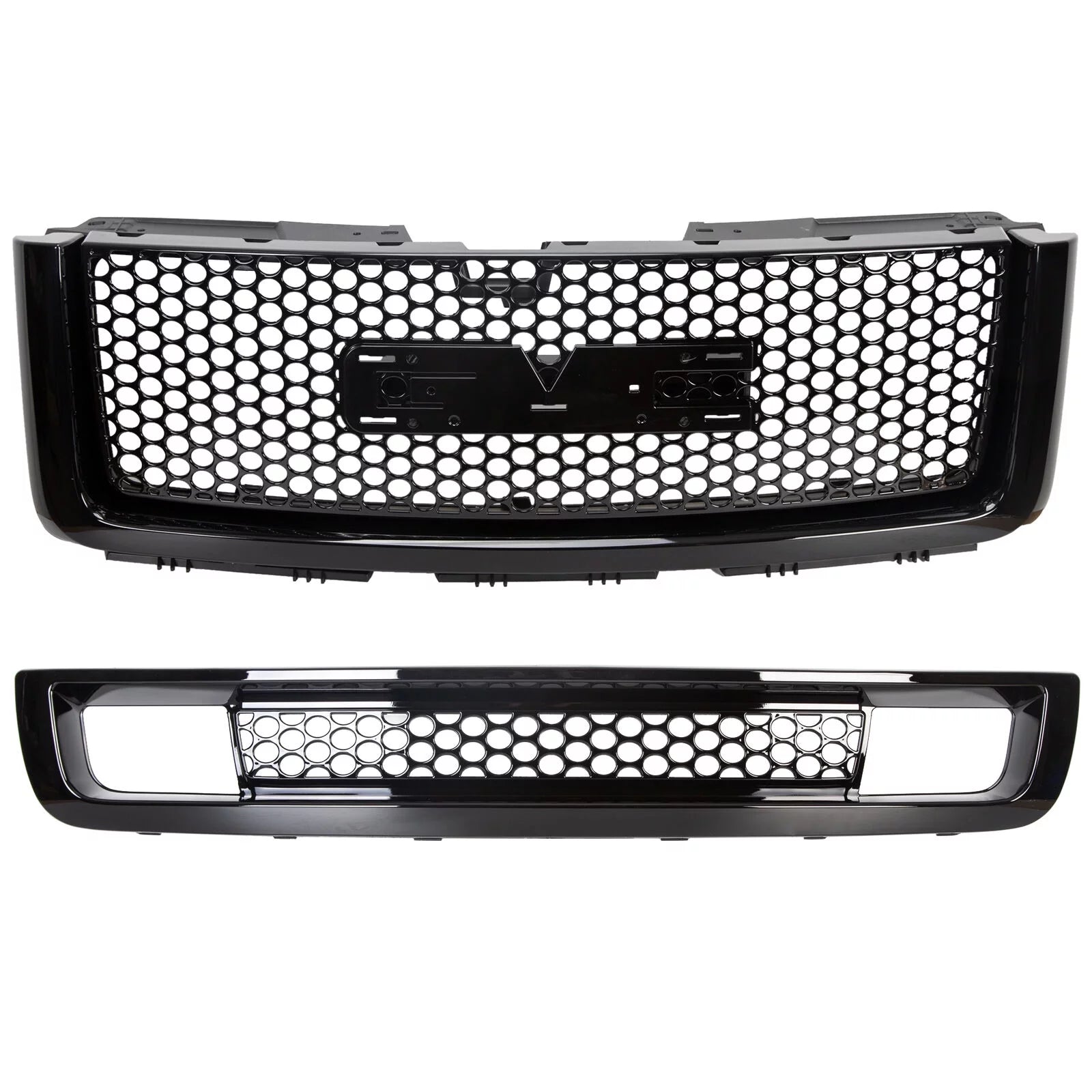 Kojem Black Center Front Bumper Upper Grille + Lower Grill Guards for 2007-2013 GMC Sierra 1500 Denali