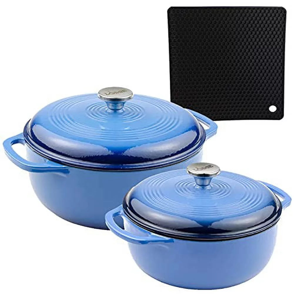 Lodge 2-Piece Enameled Cast Iron Dutch Oven Cookware Set with Dual Handles and Lids, Blue - Includes 4.5qt, 6qt Dutch Ovens with Signature Series Trivet