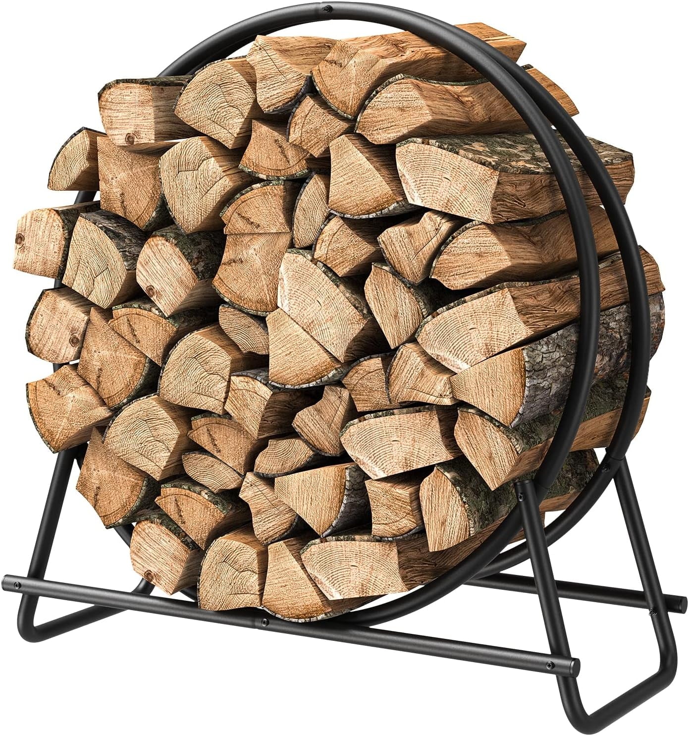 Kojem 30 Inch Firewood Storage Rack Log Hoop Holder Tubular Round Steel Stacker for Patio Deck Indoor Outside Decoration Lumber Pile Rack Fireplace Decorative Accessory