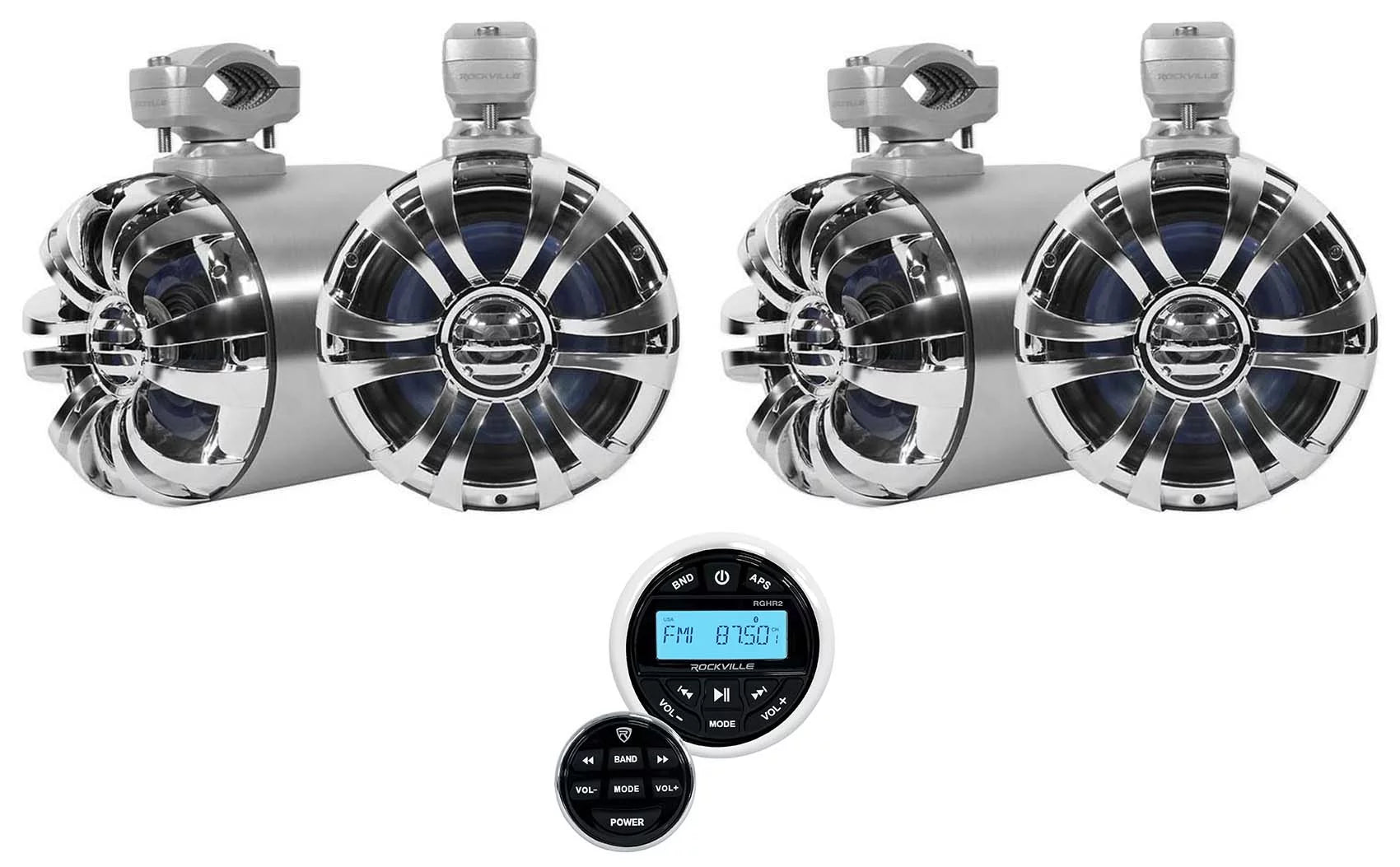 4 Rockville WB65 6.5 600w Metal Marine Wakeboard Swivel Tower Speakers+Receiver