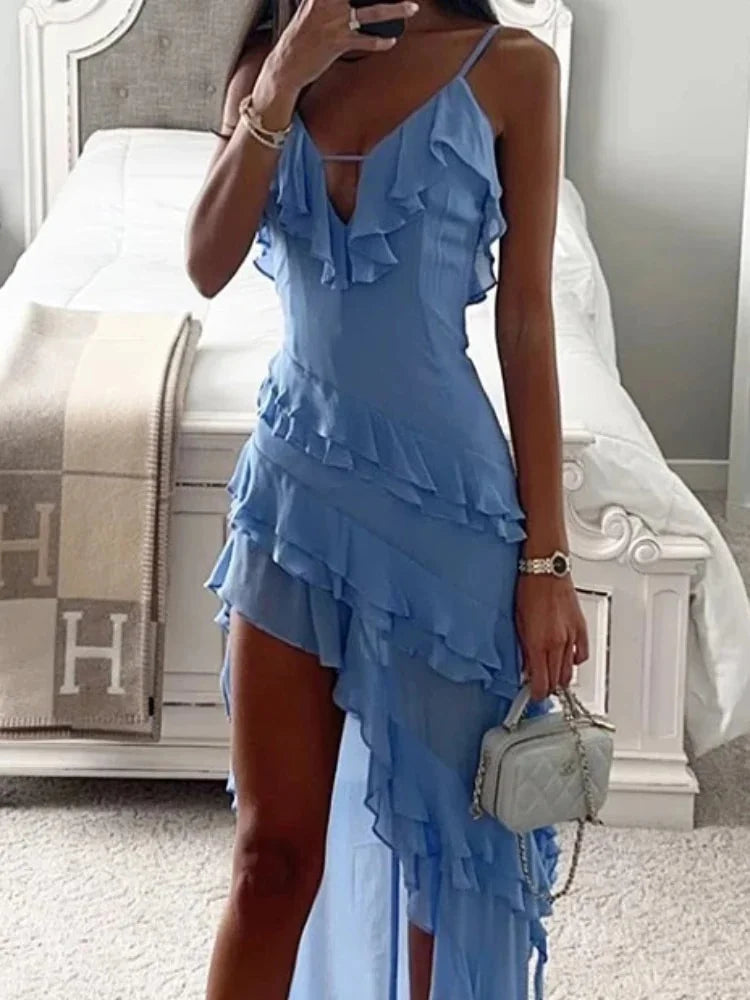 Holiday Maxi Midi Ruffles Beach Dress 2024 New Fashion Solid Color A-line Midi Dress Summer Strap Irregular Dress