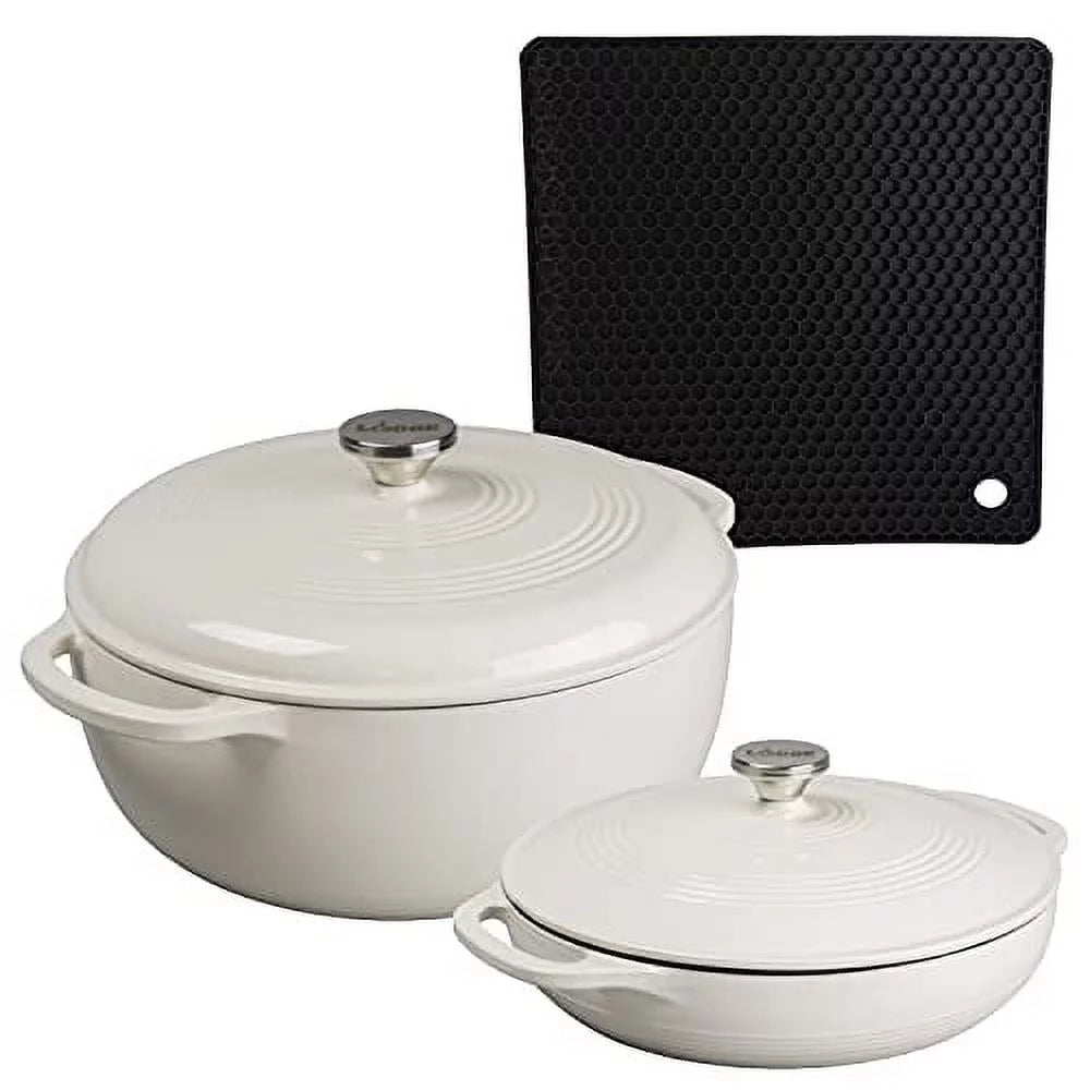 Lodge 2-Piece Enameled Cast Iron Dutch Oven and Covered Casserole Dish Cookware Set with Dual Handles, Oyster - Includes 6qt Dutch Oven and 3.6qt Casserole Casserole with Signature Series Trivet