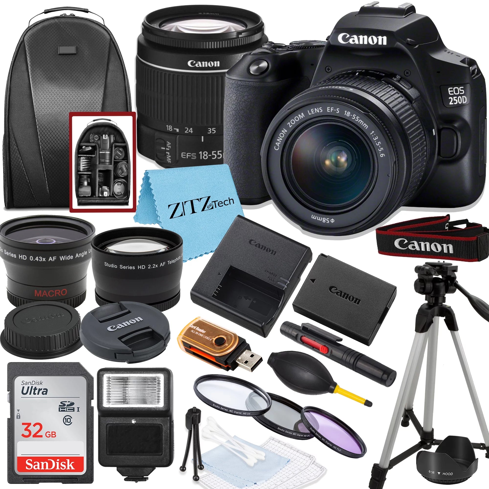 Canon EOS 250D / Rebel SL3 DSLR Camera with 18-55mm Lens, SanDisk 32GB Memory, Tripod, Backpack and ZeeTech Bundle
