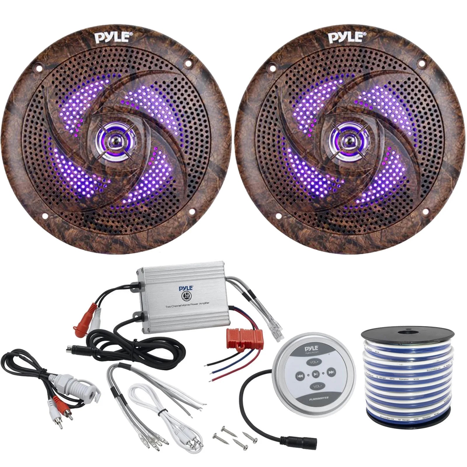 2 x Pyle 6.5 2-Way 240 Watt Marine Stereo LED Speakers, Pyle Waterproof 600 Watt Bluetooth 2-Channel Boat Yacht Amplifier System, Enrock Marine-Grade 18-Gauge Speaker Wire