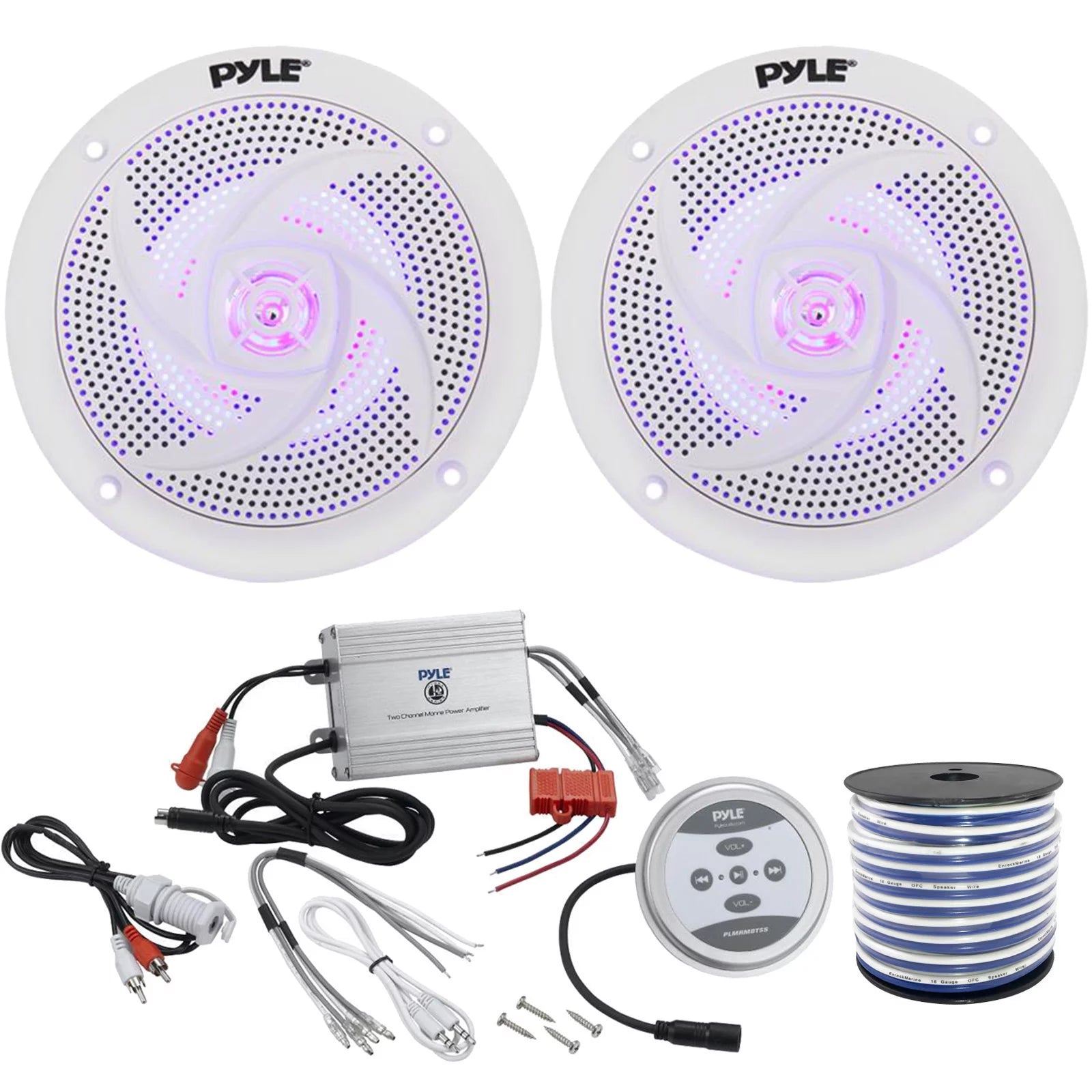 2 x Pyle Marine 4 2-Way 100W Audio White Stereo LED Speakers, Pyle Waterproof 600 Watt Bluetooth 2-Channel Boat Yacht Amplifier System, Enrock Marine-Grade 18-Gauge Speaker Wire