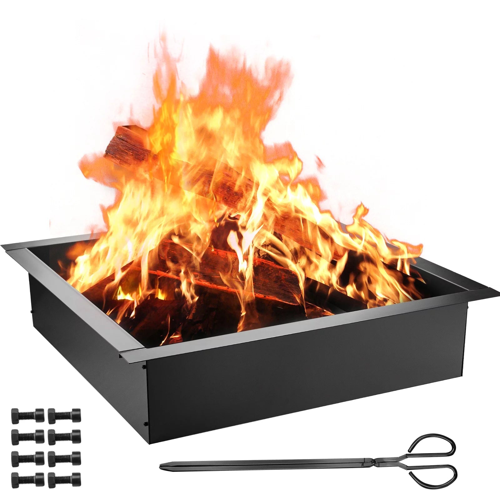 BENTISM Fire Pit Ring, 30 Square Fire Pit Insert, Heavy Duty Steel Fire Ring, DIY Bonfire Liner with Tongs Insert with Simple Installation for Outdoor, Patio, Backyard