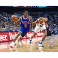 Allen Iverson Philadelphia 76ers Unsigned Blue PHILA 50th Anniversary Throwback Jersey Driving Past John Starks Rookie Year Photograph
