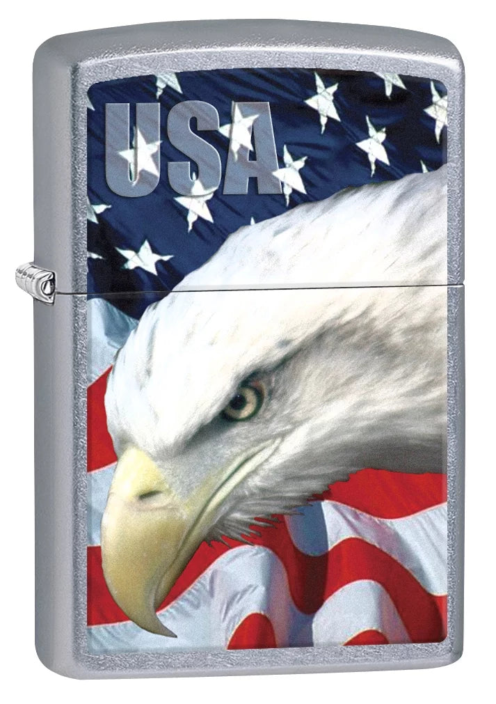 Zippo Lighter: USA Bald Eagle and Flag - Street Chrome 78591