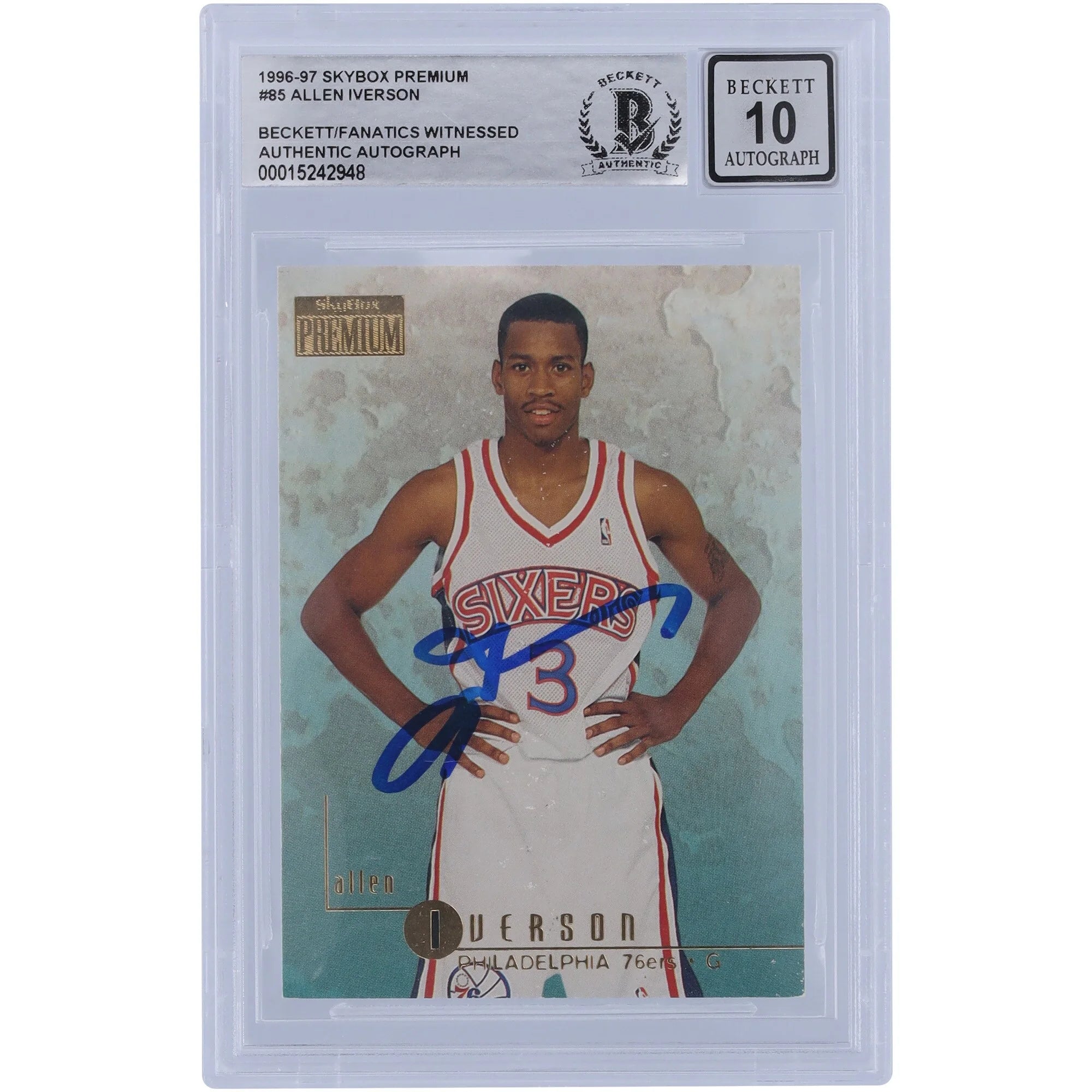 Allen Iverson Philadelphia 76ers Autographed 1996-97 Skybox Premium #85 Beckett Fanatics Witnessed Authenticated 10 Rookie Card - Fanatics Authentic Certified