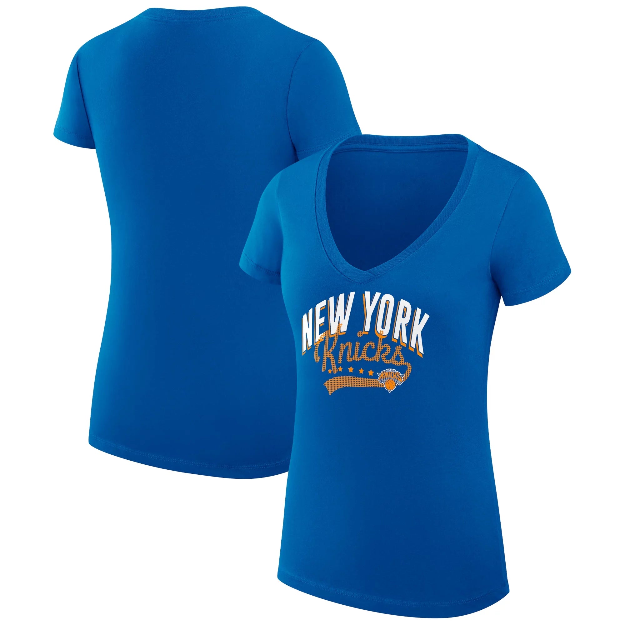 Women's G-III 4Her by Carl Banks Blue New York Knicks Filigree Logo V-Neck Fitted T-Shirt