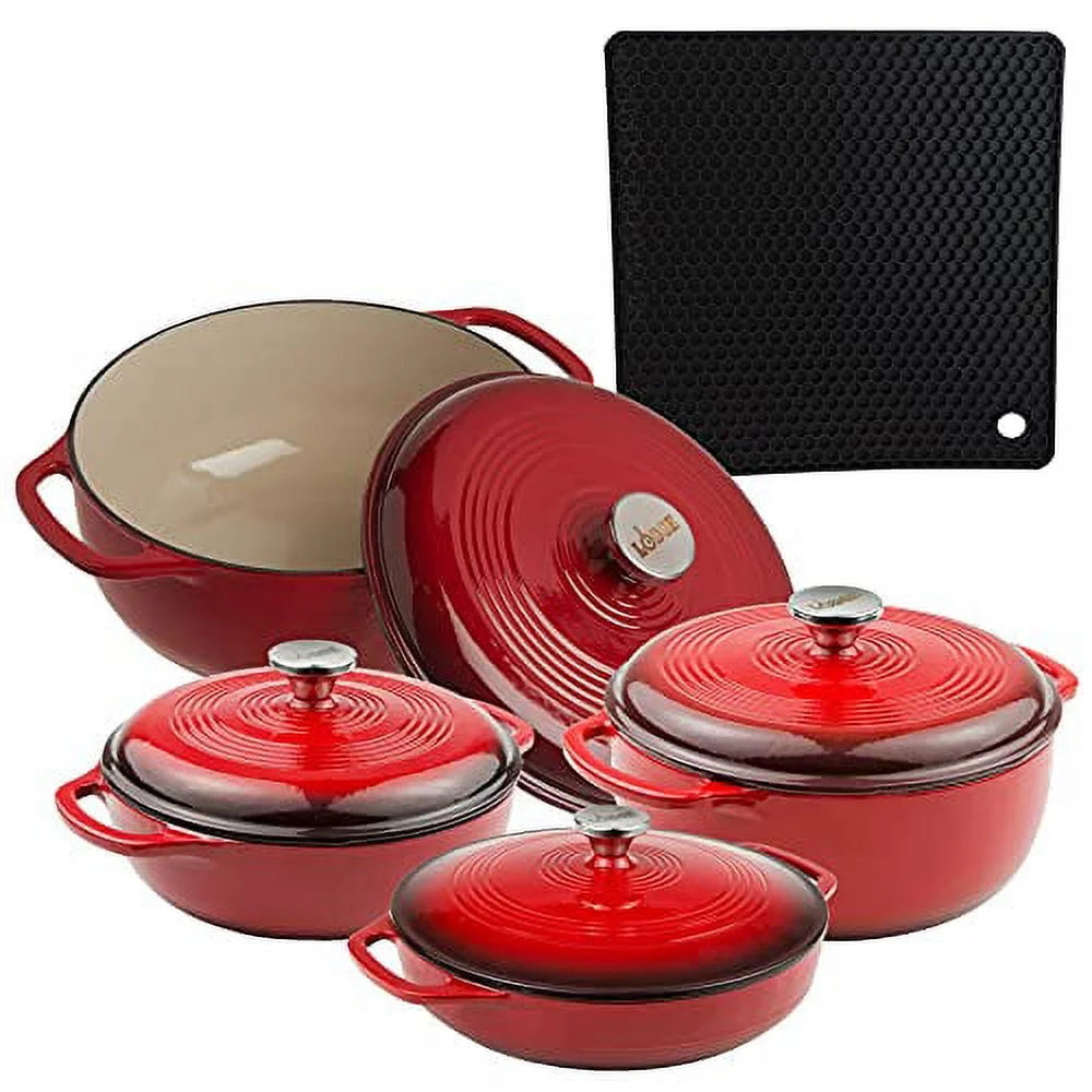 Lodge 4-Piece Enameled Cast Iron Dutch Oven and Covered Casserole Dish Cookware Set with Dual Handles, Red - Includes 3qt, 4.5qt, 6qt Dutch Ovens and 3.6qt Casserole Pan with Signature Series Trivet