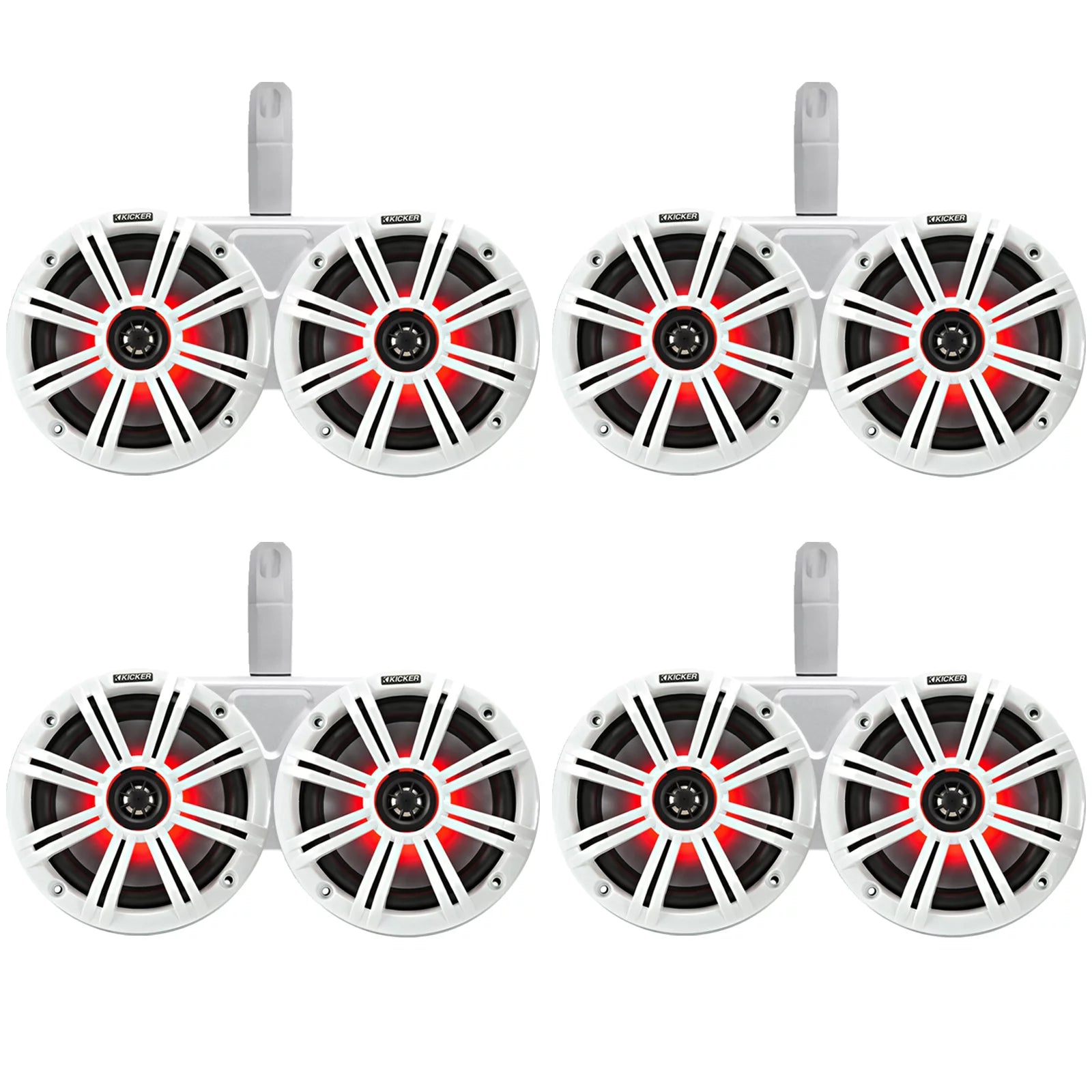 4 Pair (QTY 8) of Kicker 6.5 2-Way 195 Watts Peak Power Coaxial Marine MultiColor LED Speakers with White Grilles, 6.5 Marine Tower Dual Speaker Enclosures (2 Pair) - White